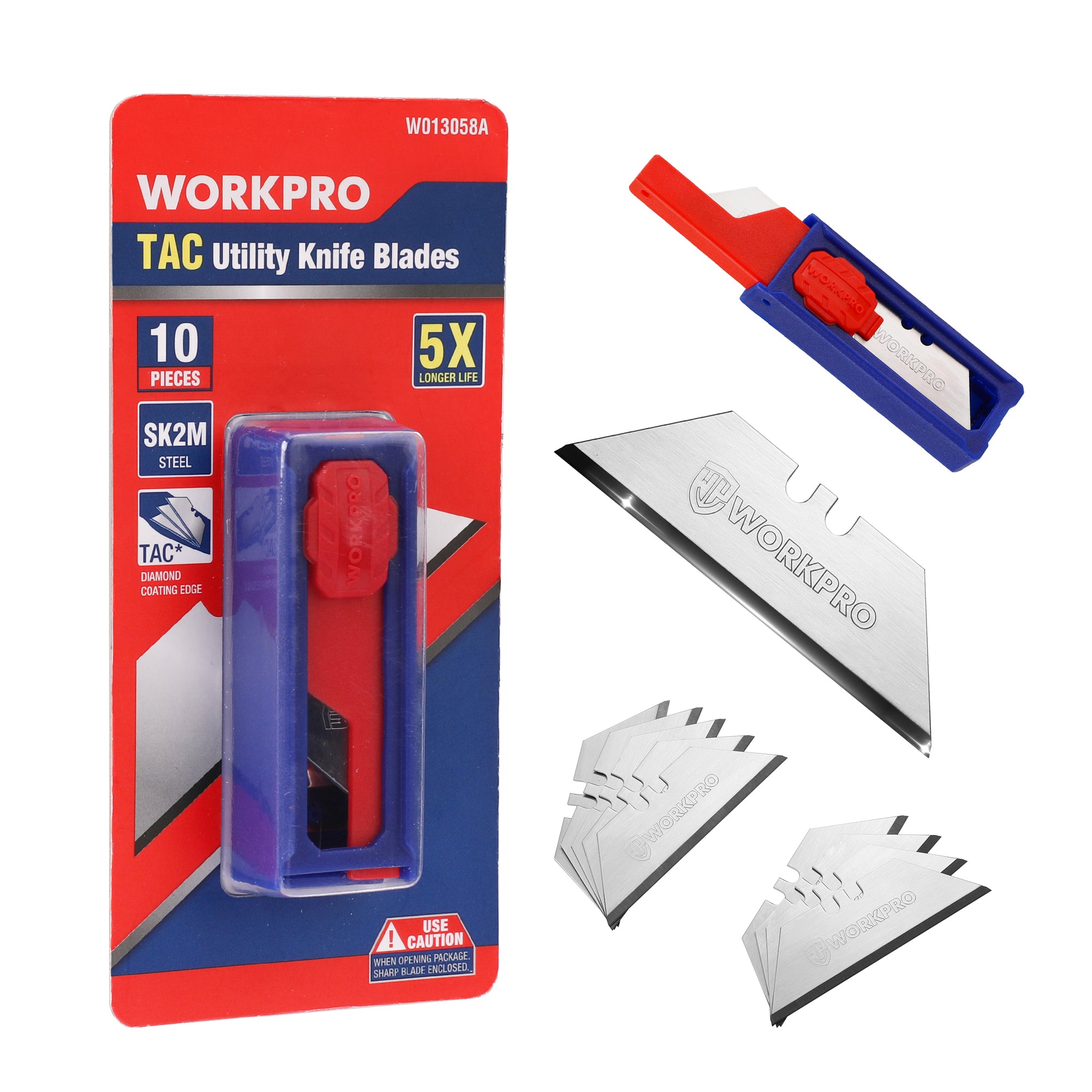 WORKPRO Premium Utility Knife Blades in red and blue with TAC diamond coating, innovation quality and durable