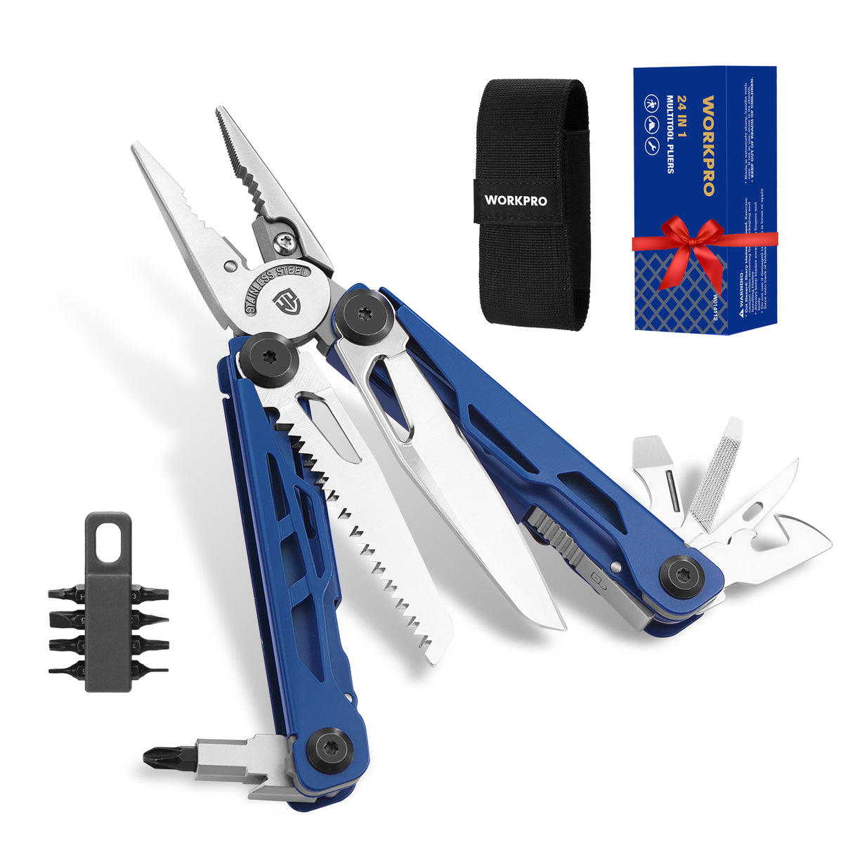 WORKPRO Gift for Men & Father, 24-in-1 Mutitool, Stainless Steel Multitool Pliers with Pocket Knife and Screwdrivers, EDC Self-locking Multi Tool with Sheath, Belt Clip for Outdoor Activities, Blue