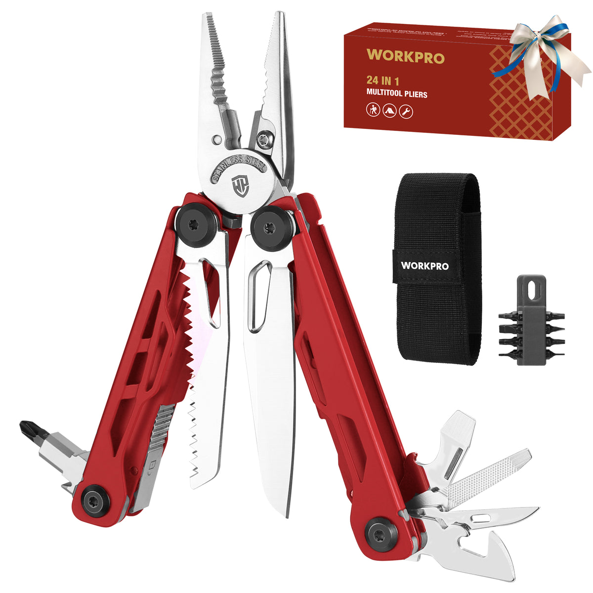 WORKPRO Gifts for Men Father Husband, 24-in-1 Mutitool, Stainless Steel Multitool Pliers with Pocket Knife and Screwdrivers, EDC Self-locking Multi Tool with Sheath, Belt Clip for Fathers Day