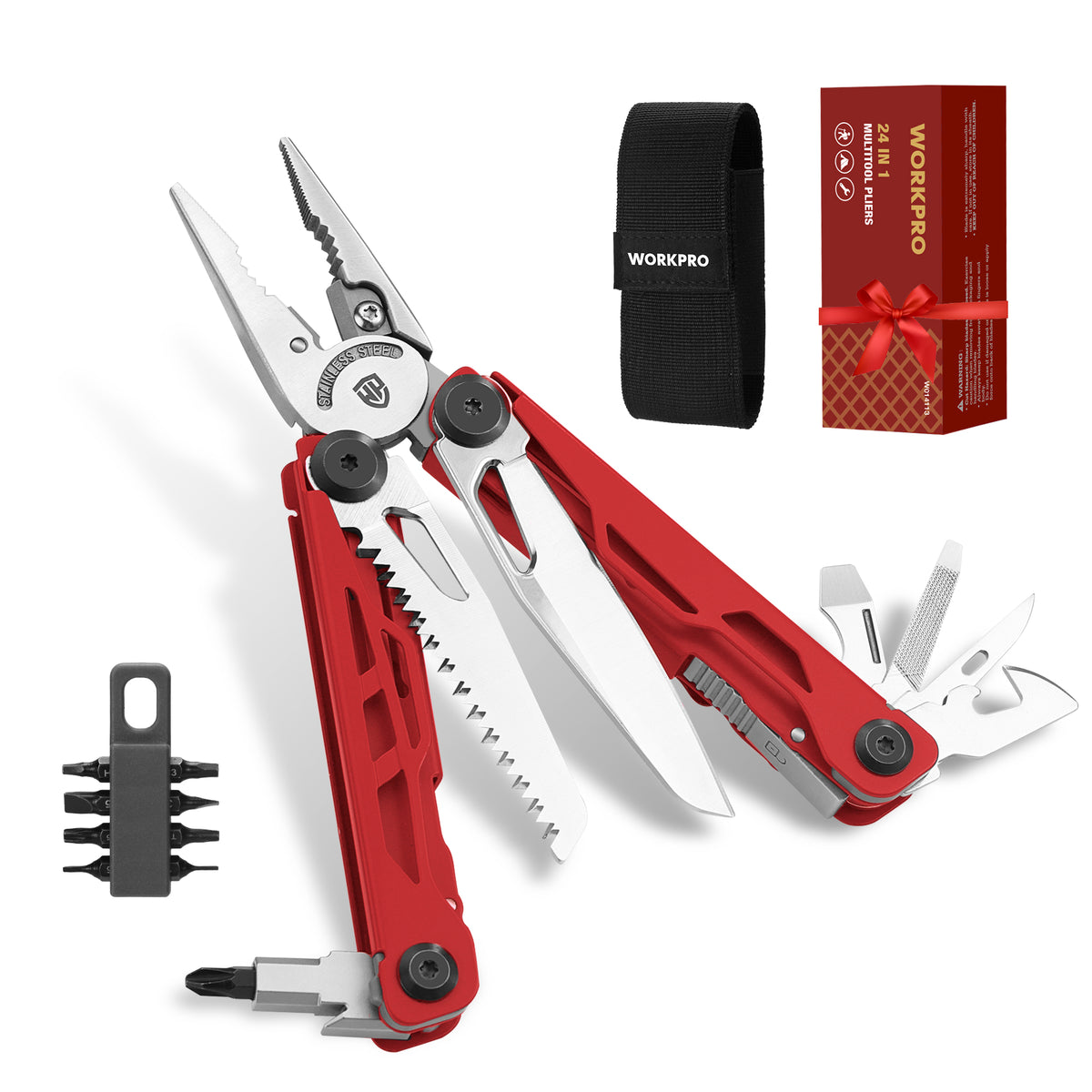 WORKPRO Gifts for Men Father Husband, 24-in-1 Mutitool, Stainless Steel Multitool Pliers with Pocket Knife and Screwdrivers, EDC Self-locking Multi Tool with Sheath, Belt Clip for Fathers Day