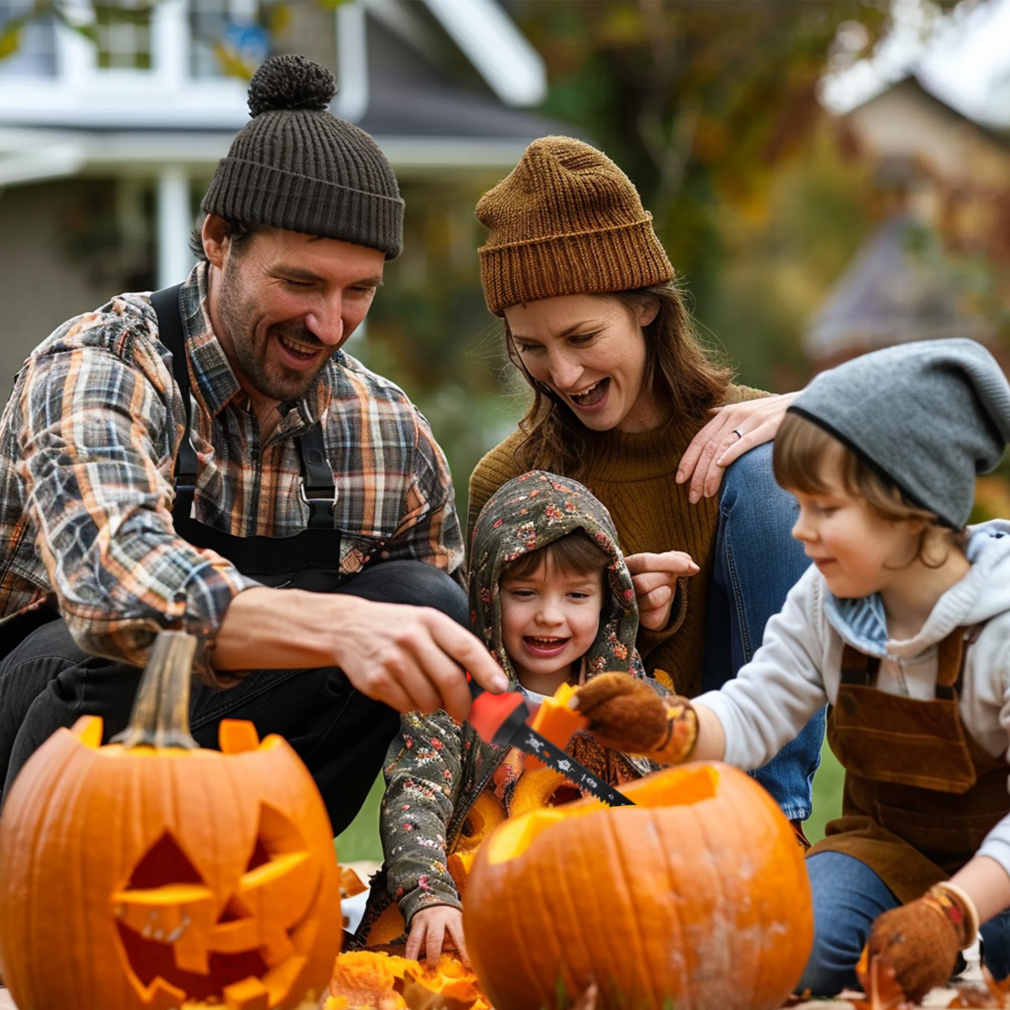 Family pumpkin carving with an orange-handled saw with serrated black blade