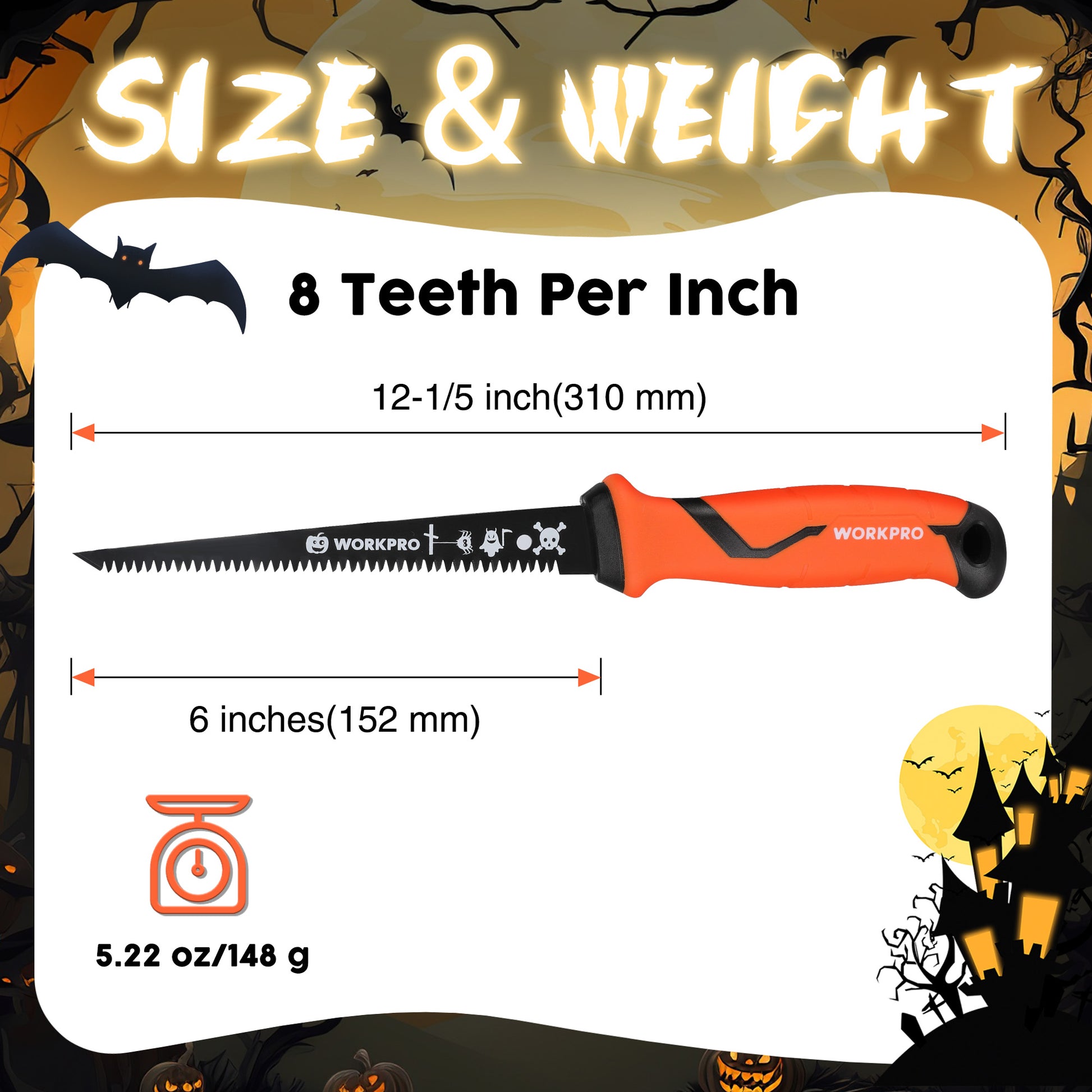6-inch pumpkin saw featuring serrated black blade teeth per inch and orange handle