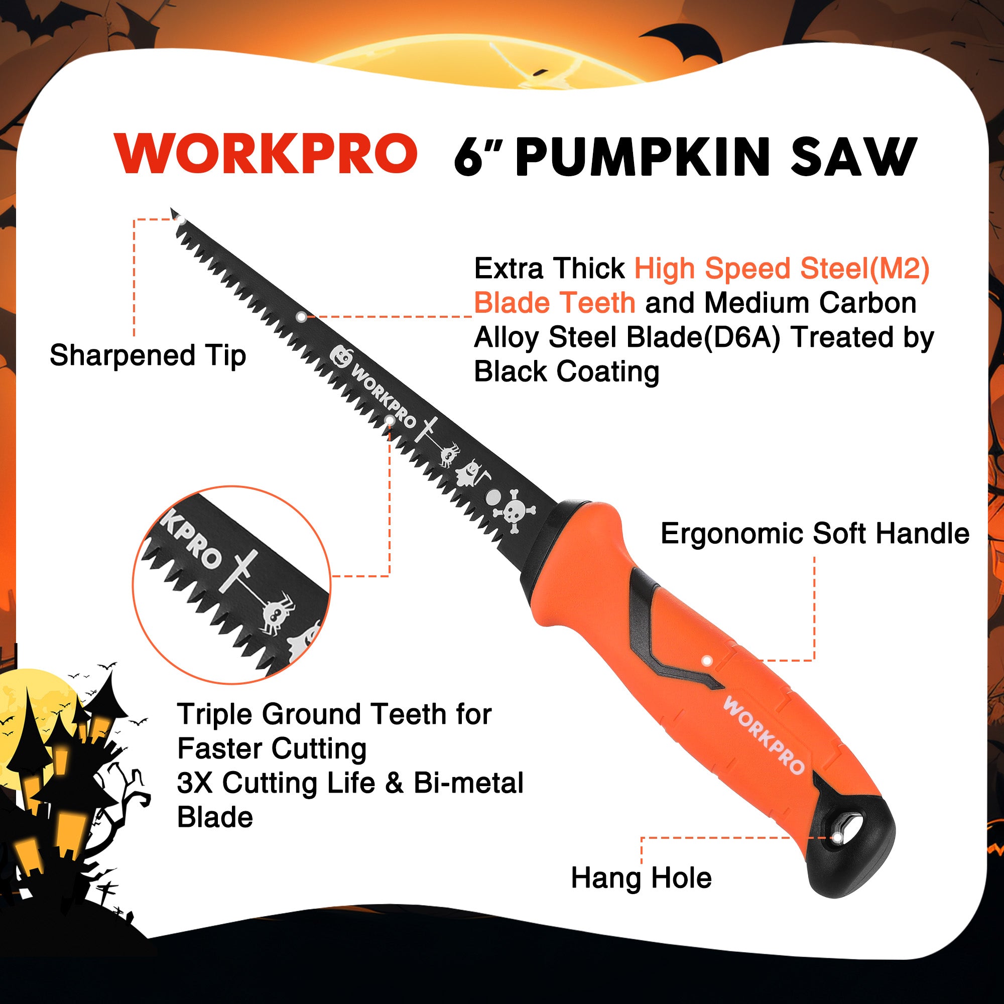 6-inch pumpkin saw with black bi-metal blade, orange soft handle, and hang hole