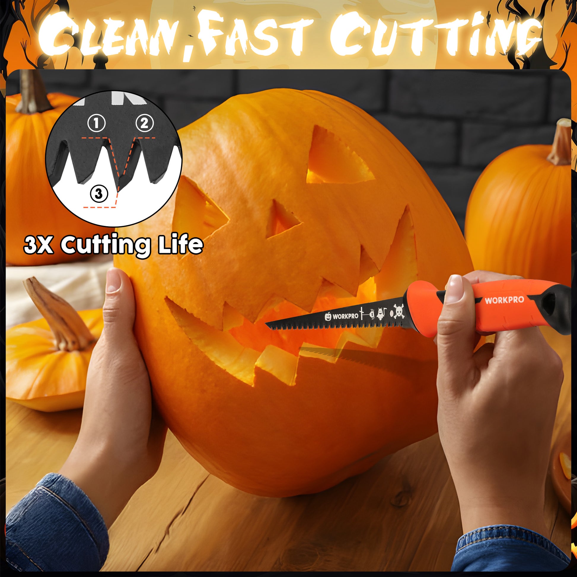 Orange-and-black pumpkin saw with serrated blade cutting a carved pumpkin