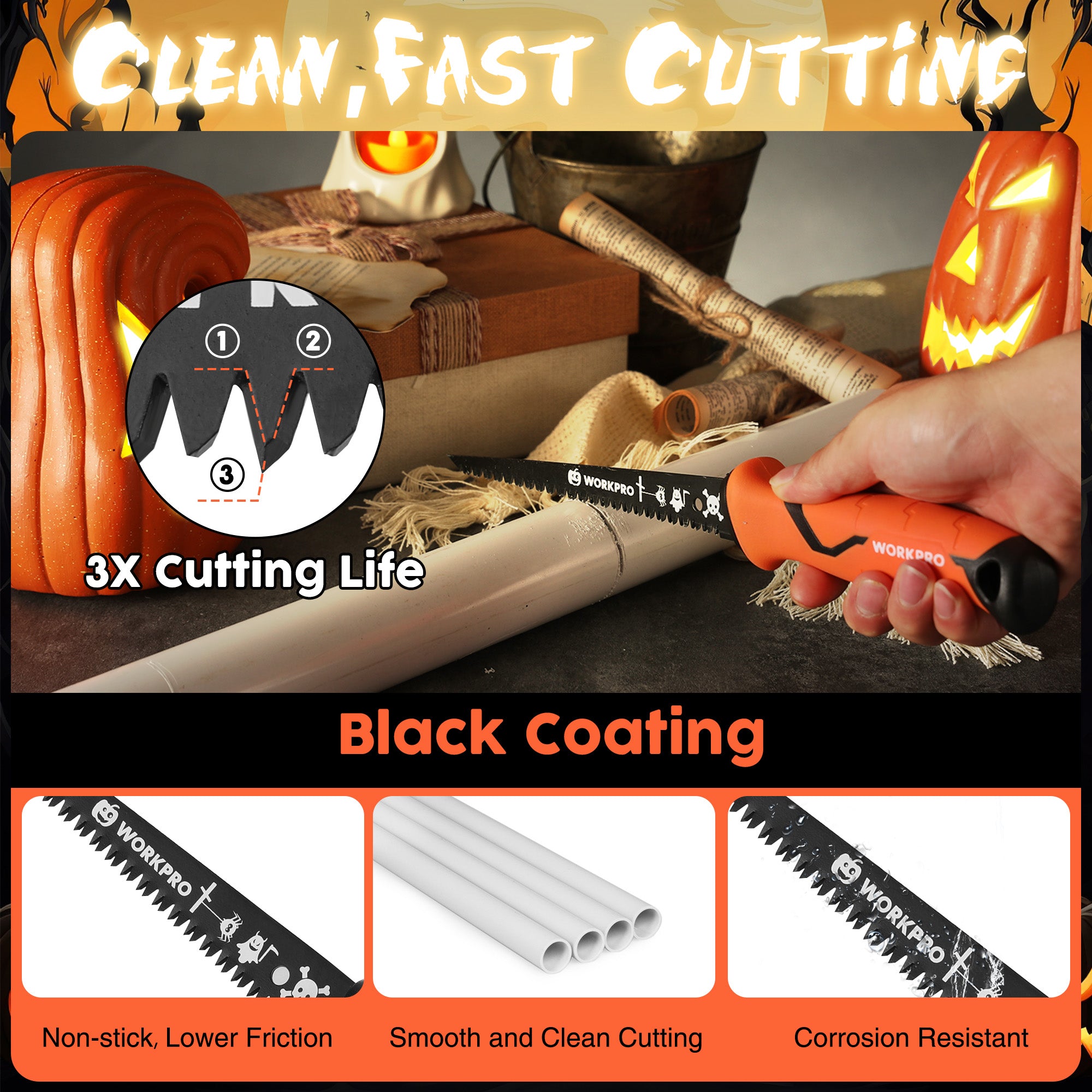 Pumpkin saw with orange handle and black coated serrated blade for clean cutting