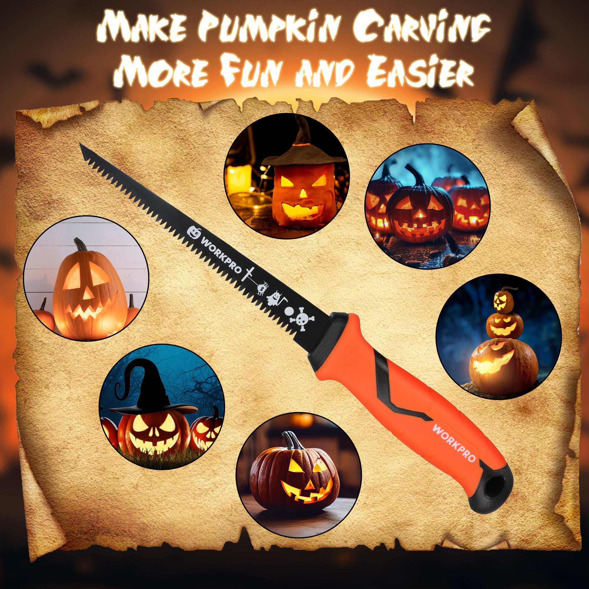 Pumpkin saw with serrated black blade and orange TPR handle for carving pumpkins