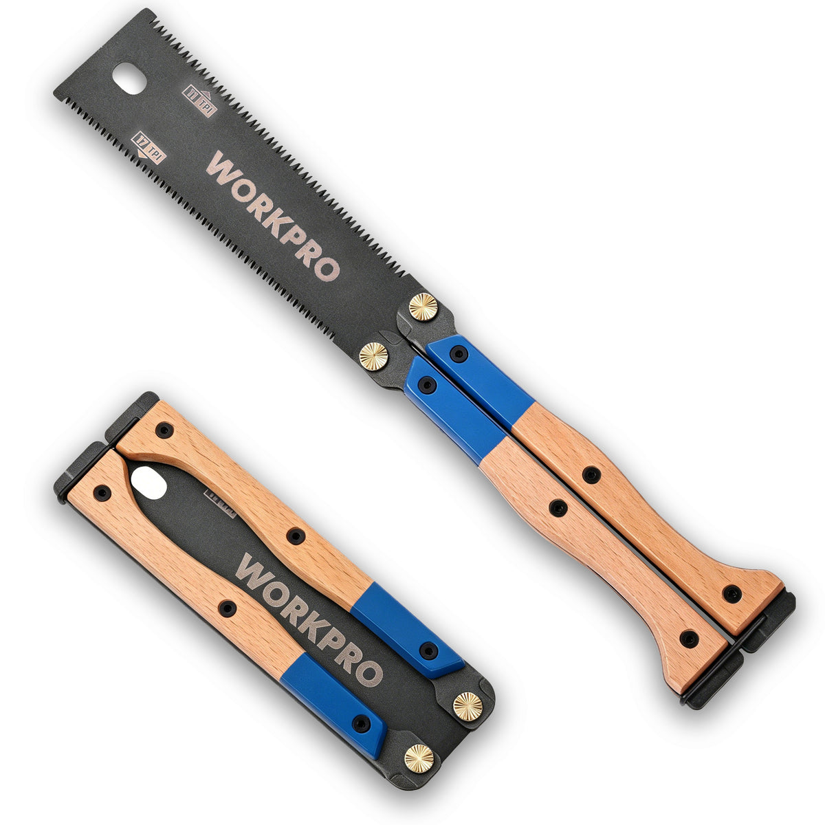 WorkPro folding hand saw and folding multi-tool shown on a clean white background. The saw has a black blade with silver teeth and the WorkPro logo, and the multi-tool has a matching black and blue handle with natural wood sections.