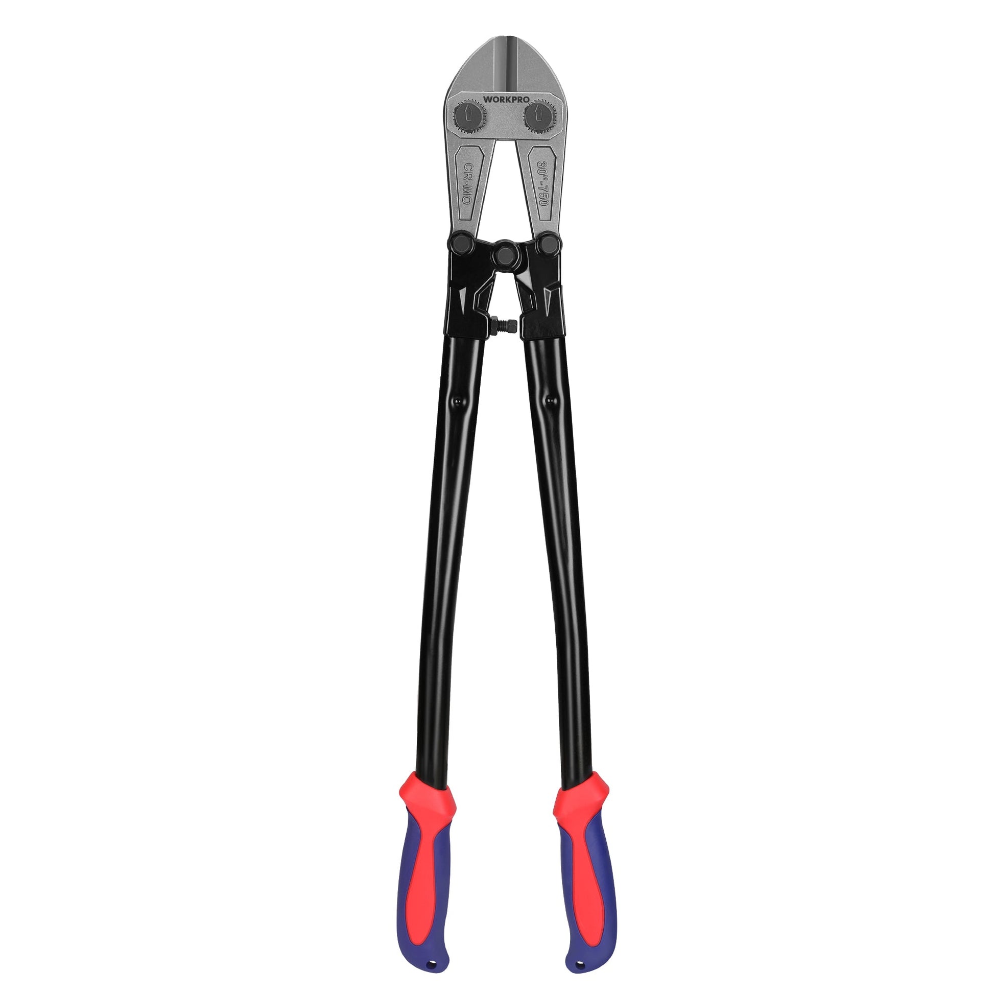 WORKPRO bolt cutter with black handles and red grips, chrome molybdenum jaws