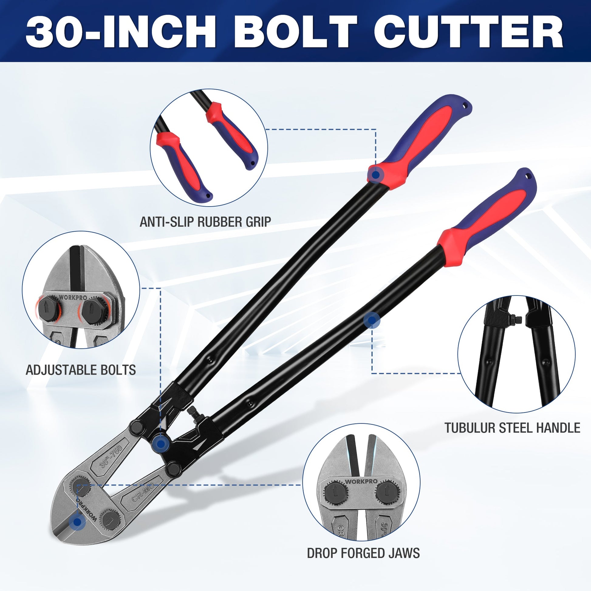 Bolt cutter with long black handles and red anti-slip rubber grips, adjustable jaws