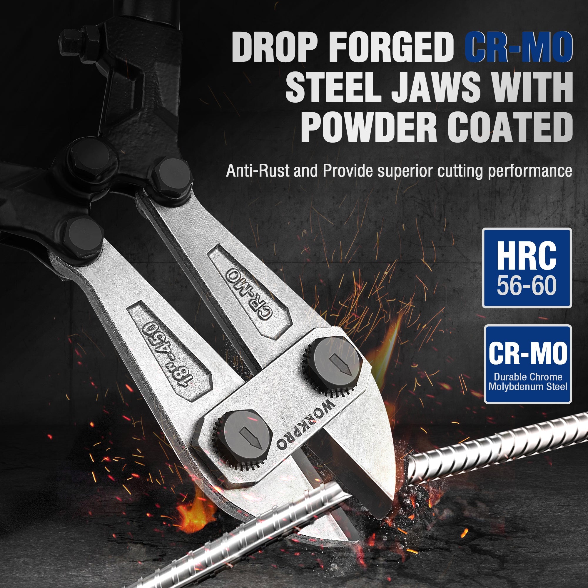 Bolt cutter with drop-forged CR-MO steel jaws and powder-coated blade for rust resistance