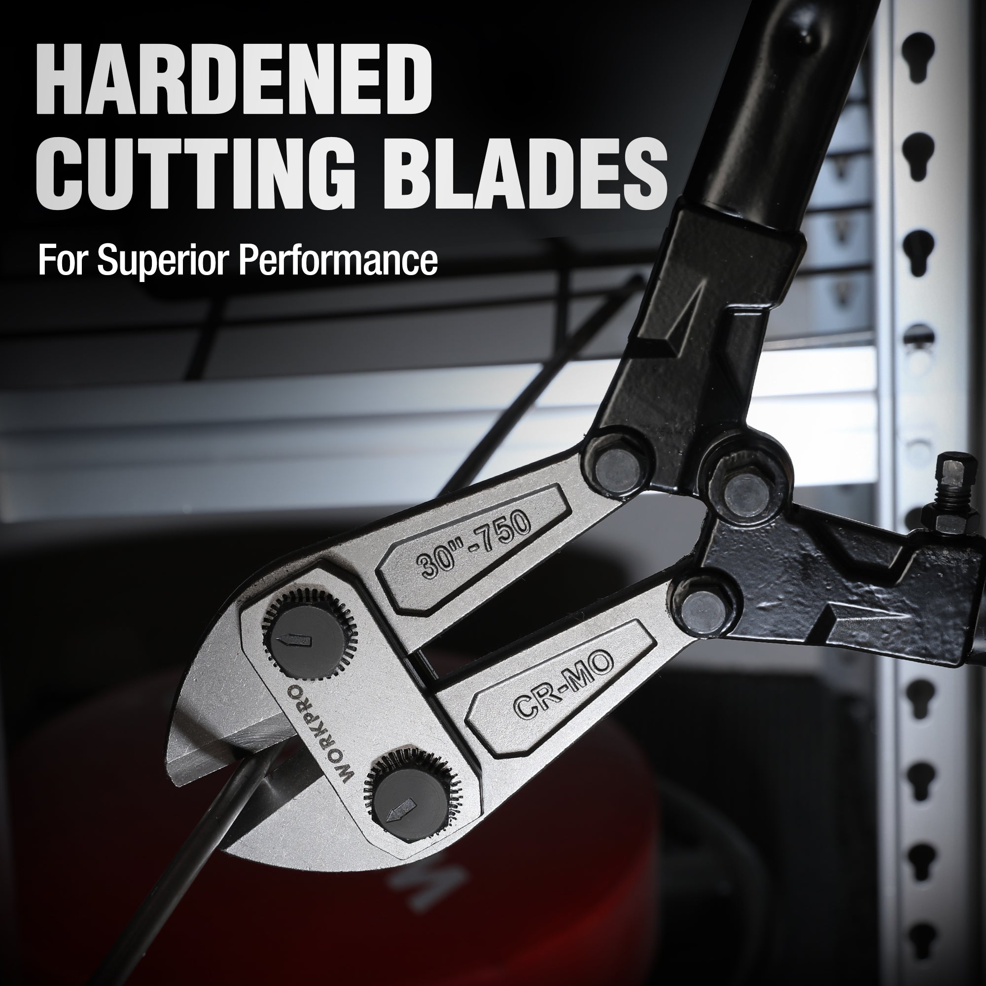 Bolt cutter close-up of hardened cutting blades on CR-MO steel jaws