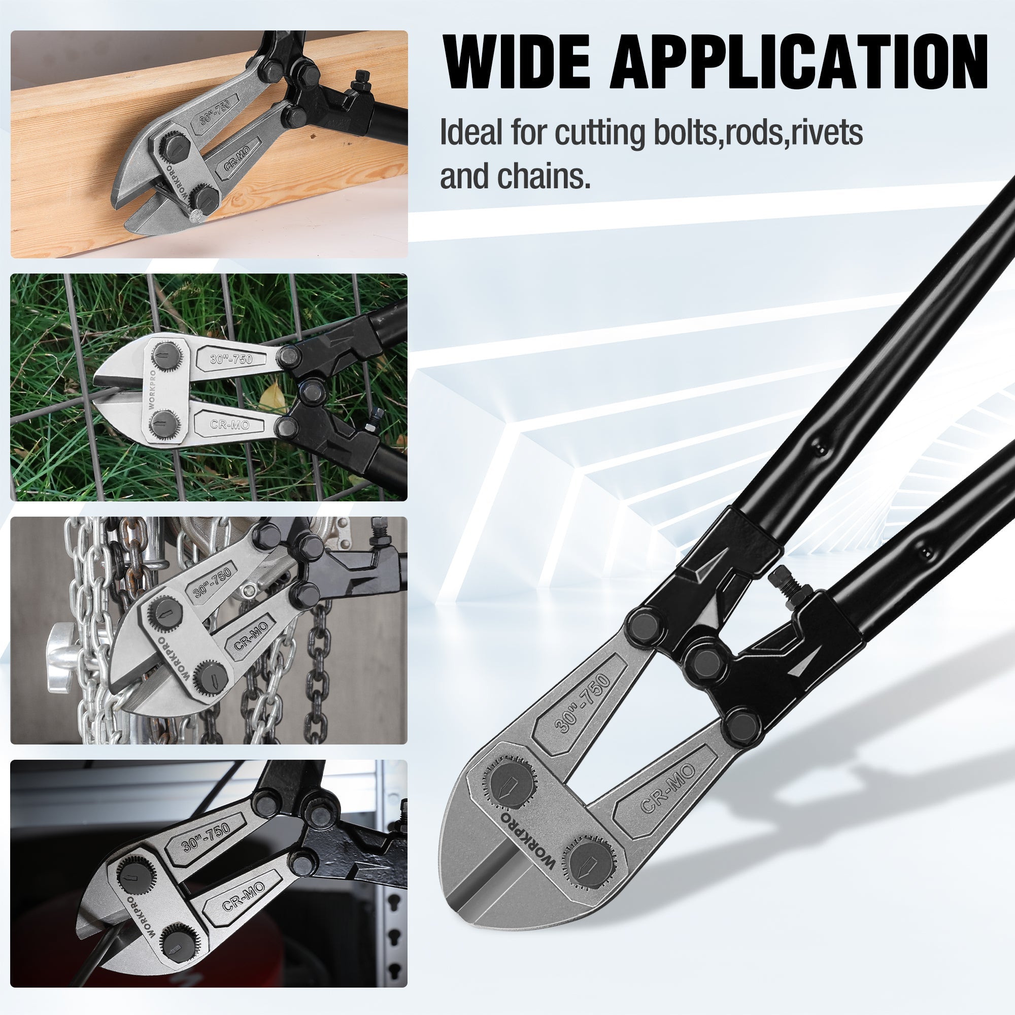 Bolt cutter with wide jaws and red-grip handles for cutting bolts, rods, rivets, chains