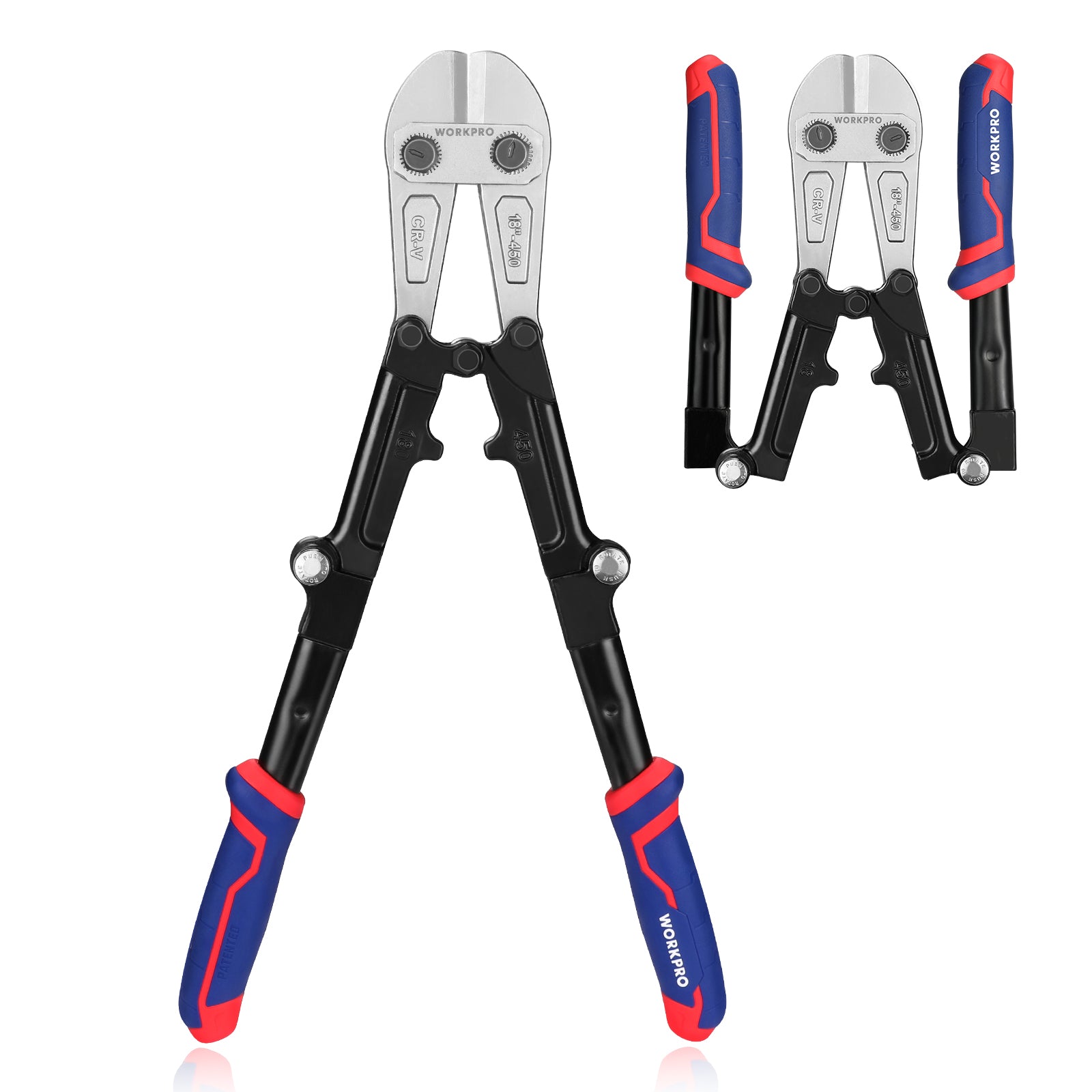 WORKPRO 18 inch bolt cutter with quality innovation, tri-material anti-slip comfort grip handles, secure durable use