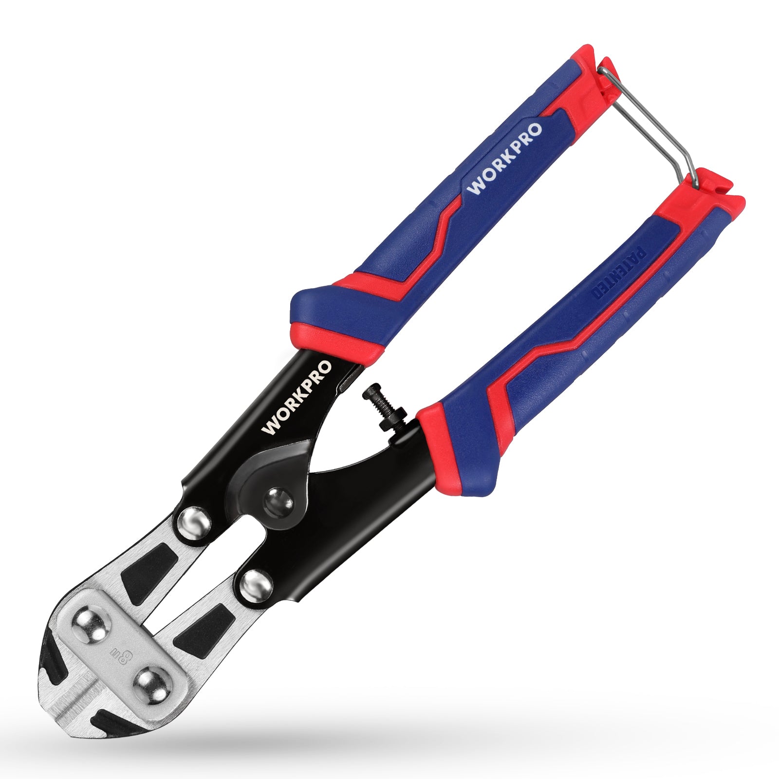 WORKPRO Mini Bolt Cutter 8 inch with red and blue spring-loaded wire cable cutter handles for quality and durable use