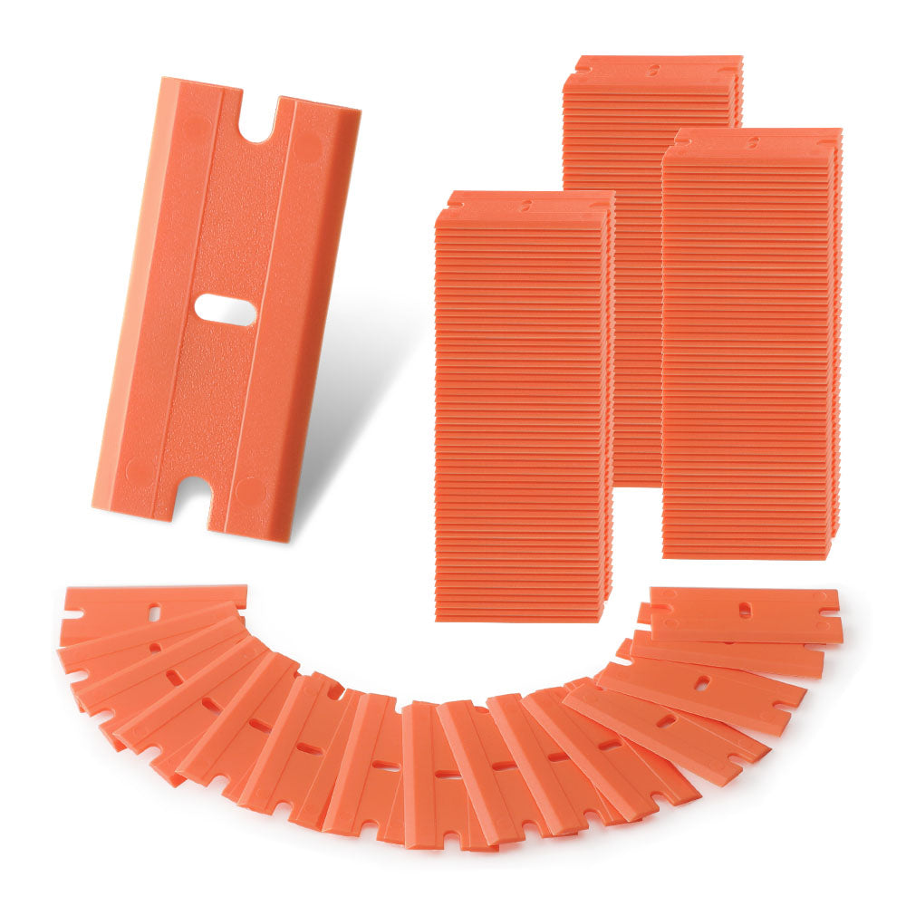 WORKPRO 200 Pack Plastic Razor Blades, Double Edge Scraper Refills | Surface-Safe Cleaning, Easy Replacement, Fits Most Scraper Handles, Removes Stickers, Glue & Paint from Glass, Tile & More