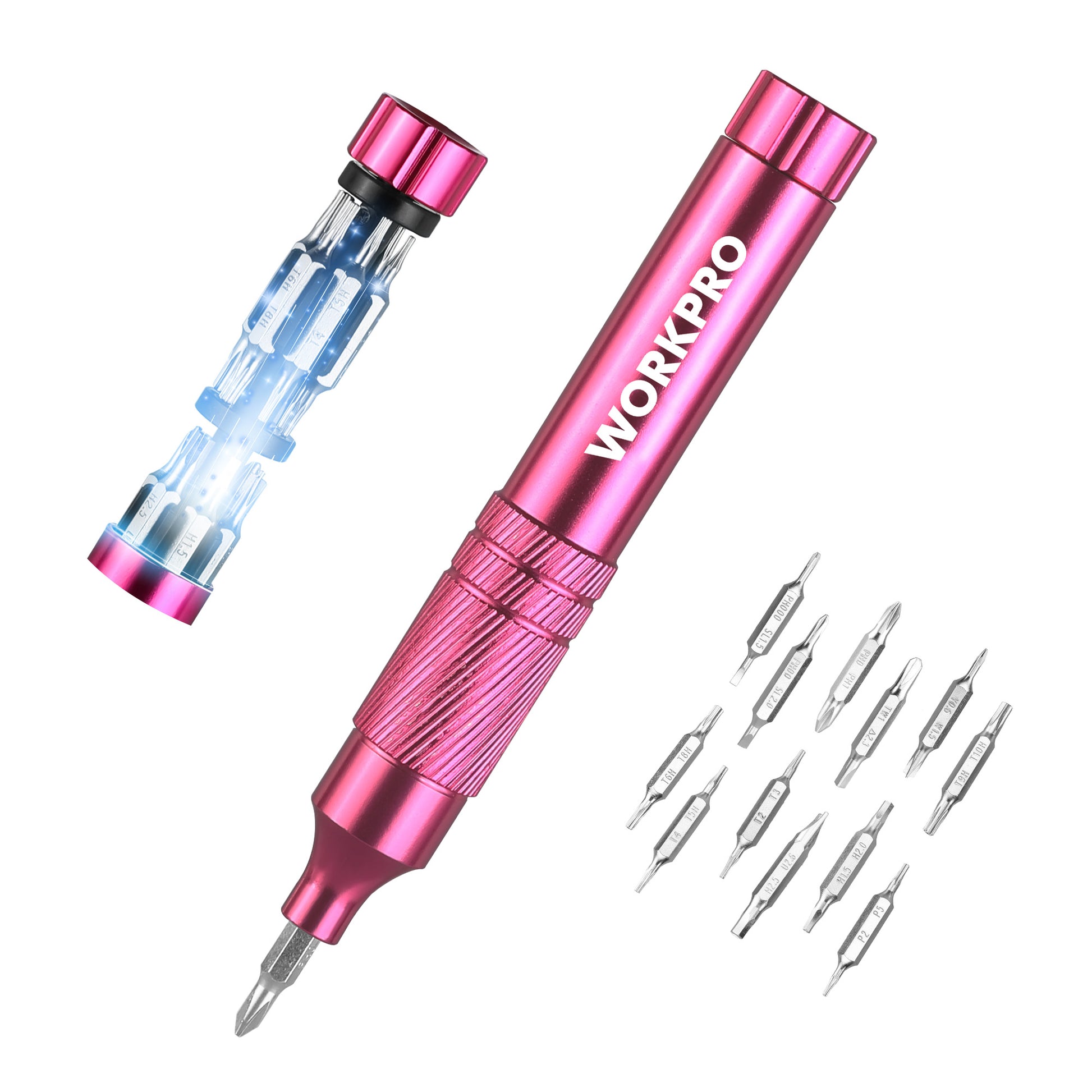 Pink precision screwdriver with interchangeable metal bits in a compact set