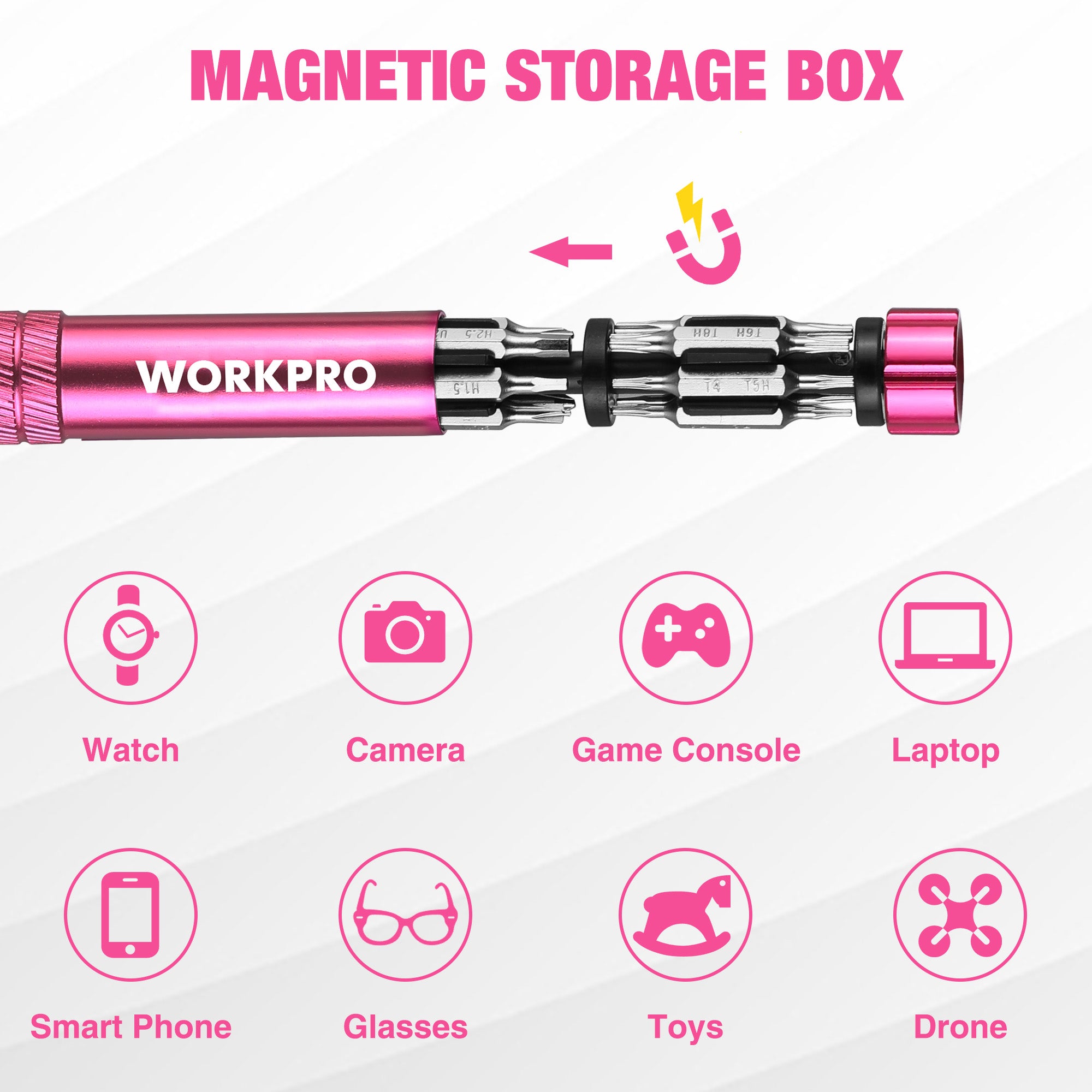 Pink-handled precision screwdriver with multiple metal bits attached and ready