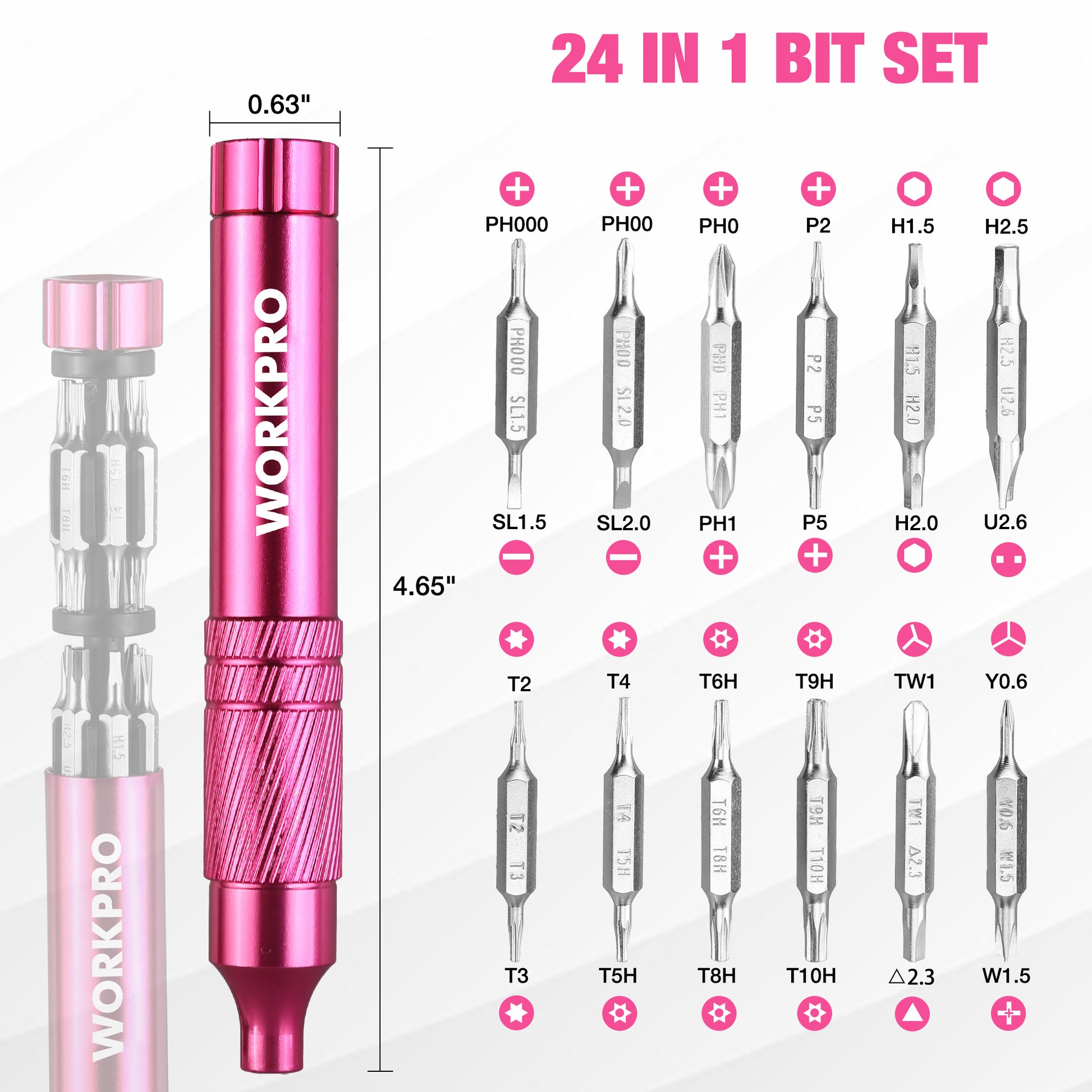 Pink 24-in-1 precision screwdriver with assorted small metal bit tips