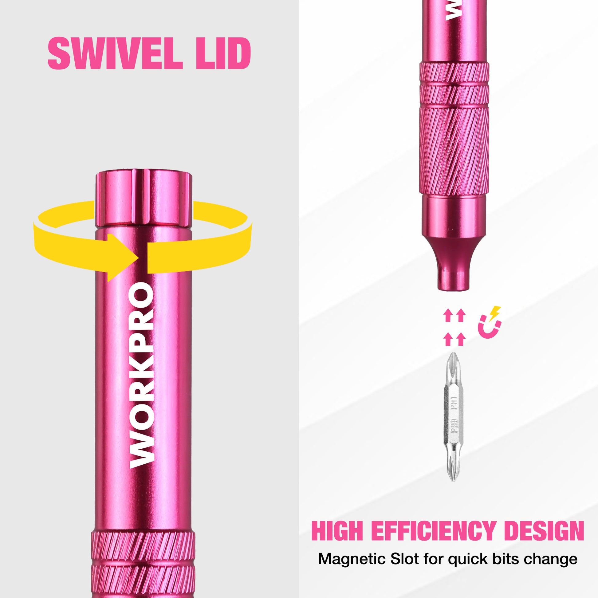 Pink precision screwdriver with swivel end cap and magnetic quick-change bit slot