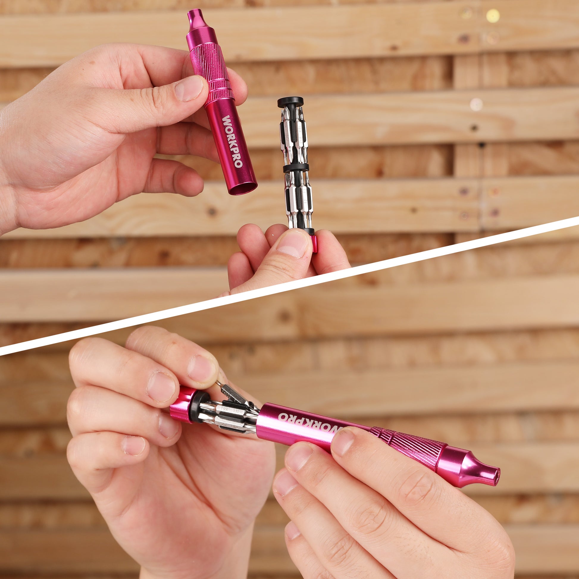Pink handheld precision screwdriver holding interchangeable small metal bits
