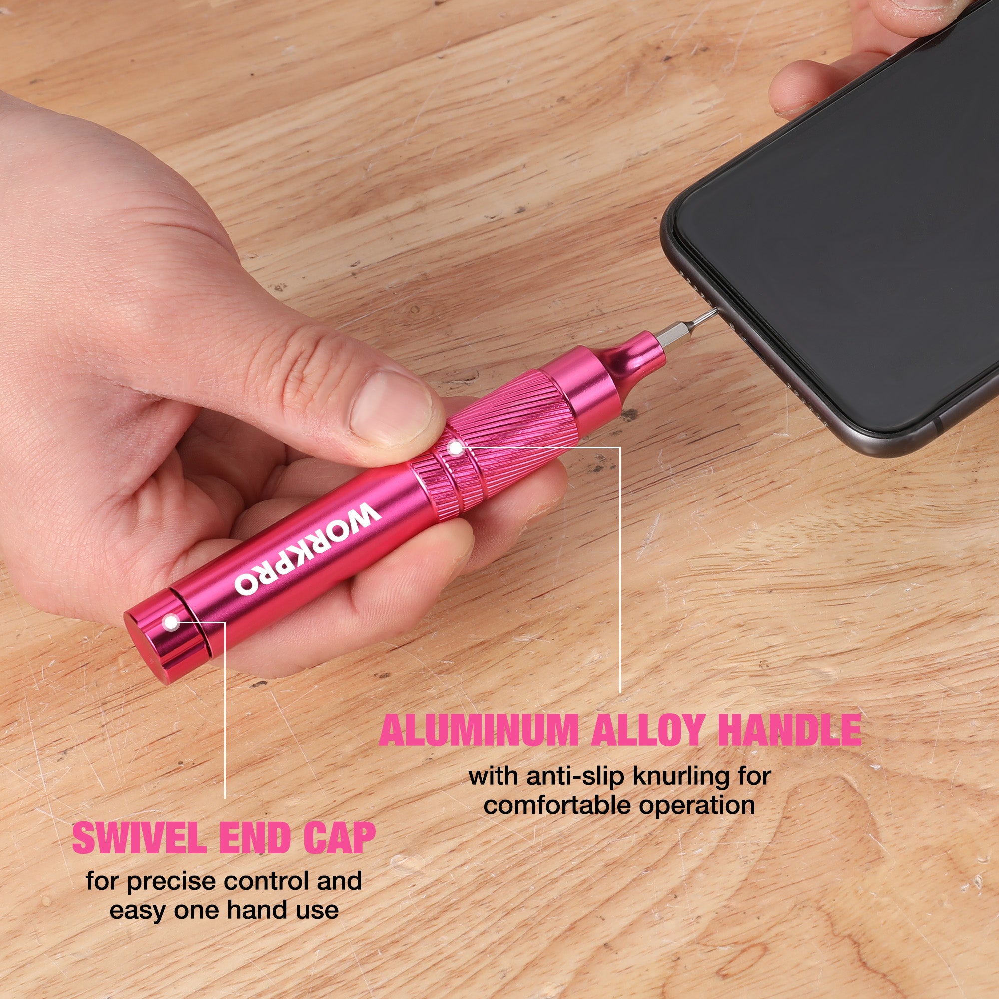 Pink aluminum-alloy precision screwdriver handle with swivel end cap