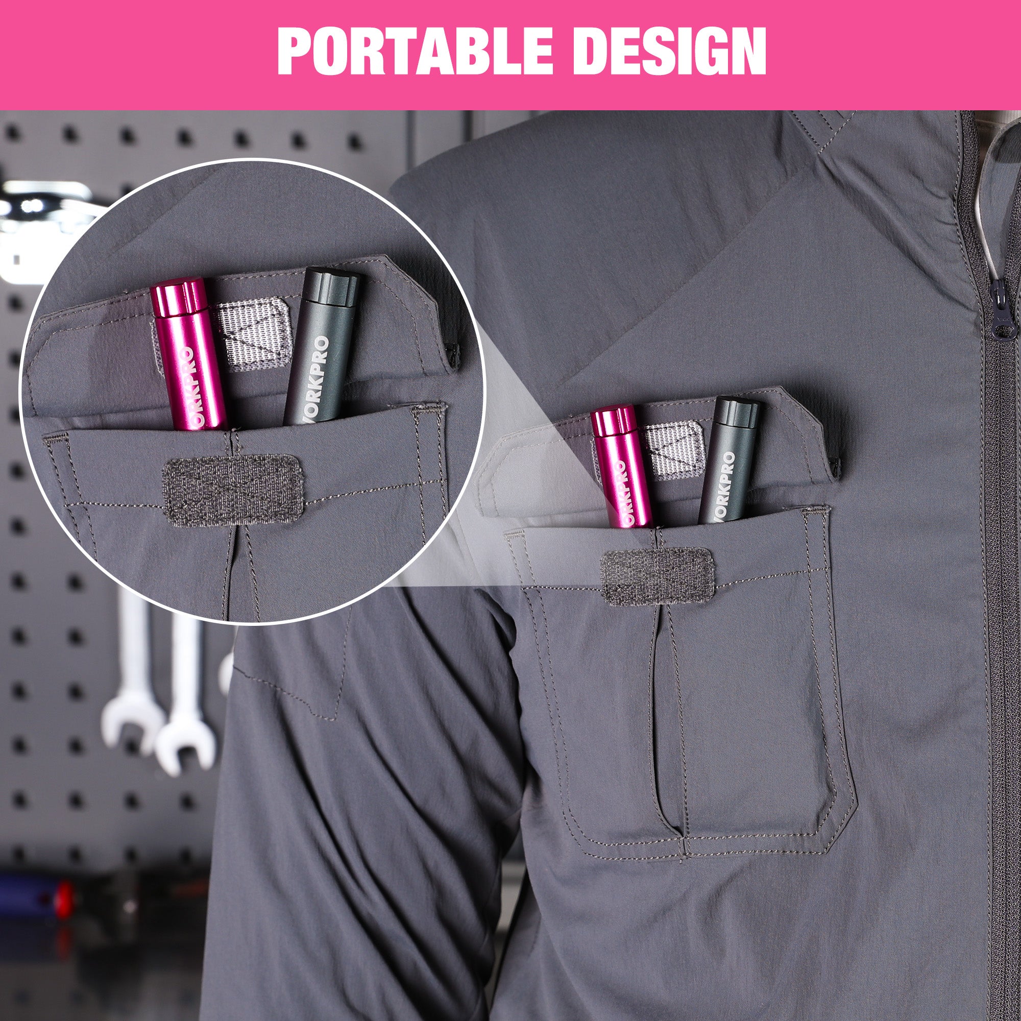 Pink precision screwdriver stored in a tool belt pocket for portability