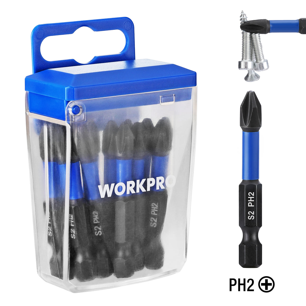 WORKPRO 12pcs PH2 Impact Phillips Screwdriver Bit Set, CNC Machined S2 Steel Tips with Magnetism, 1/4" Hex-Shank Driver Bits, 2" Long Impact Screwdriving Bits with Storage Box