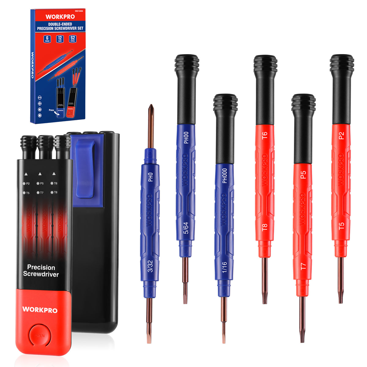 WORKPRO 6-Piece Precision Screwdriver Set, 12 Sizes Double-Ended Small Screwdrivers with Phillips, Slotted, Pentalobe and Torx Tips, Mini Screwdriver for Eyeglasses, Watches, Computers and Phones