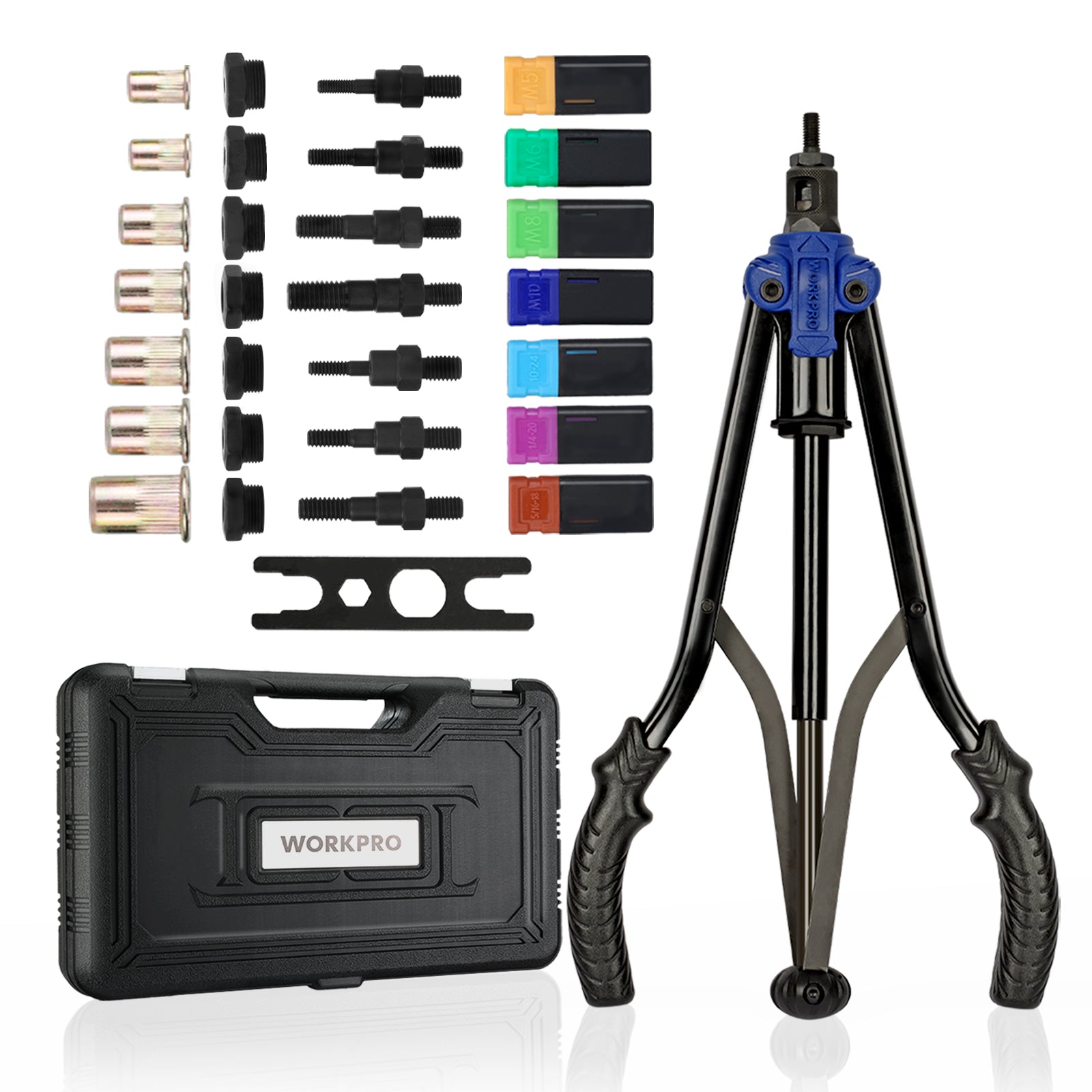 Rivet nut setter hand tool kit with blue rivet tool, black case, and 70 rivet nuts