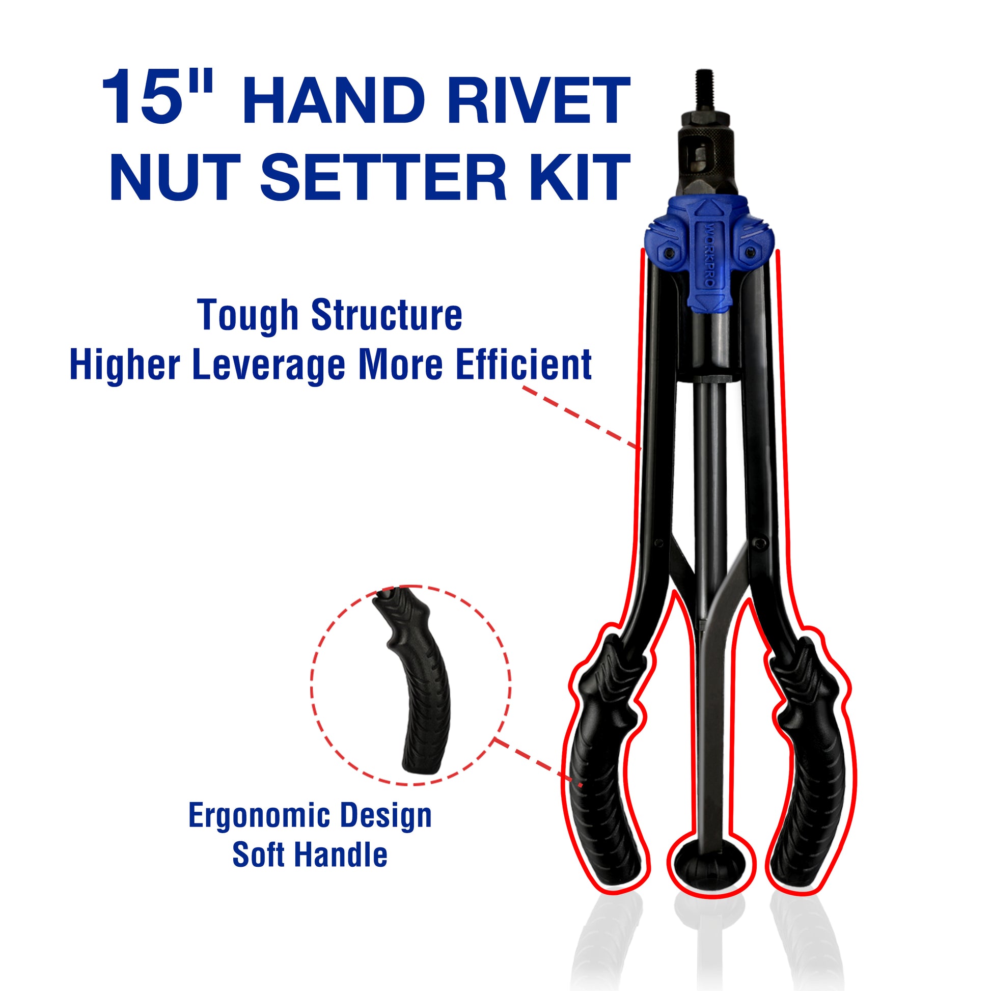 Hand rivet nut setter tool with black handles and blue head, ergonomic soft grip
