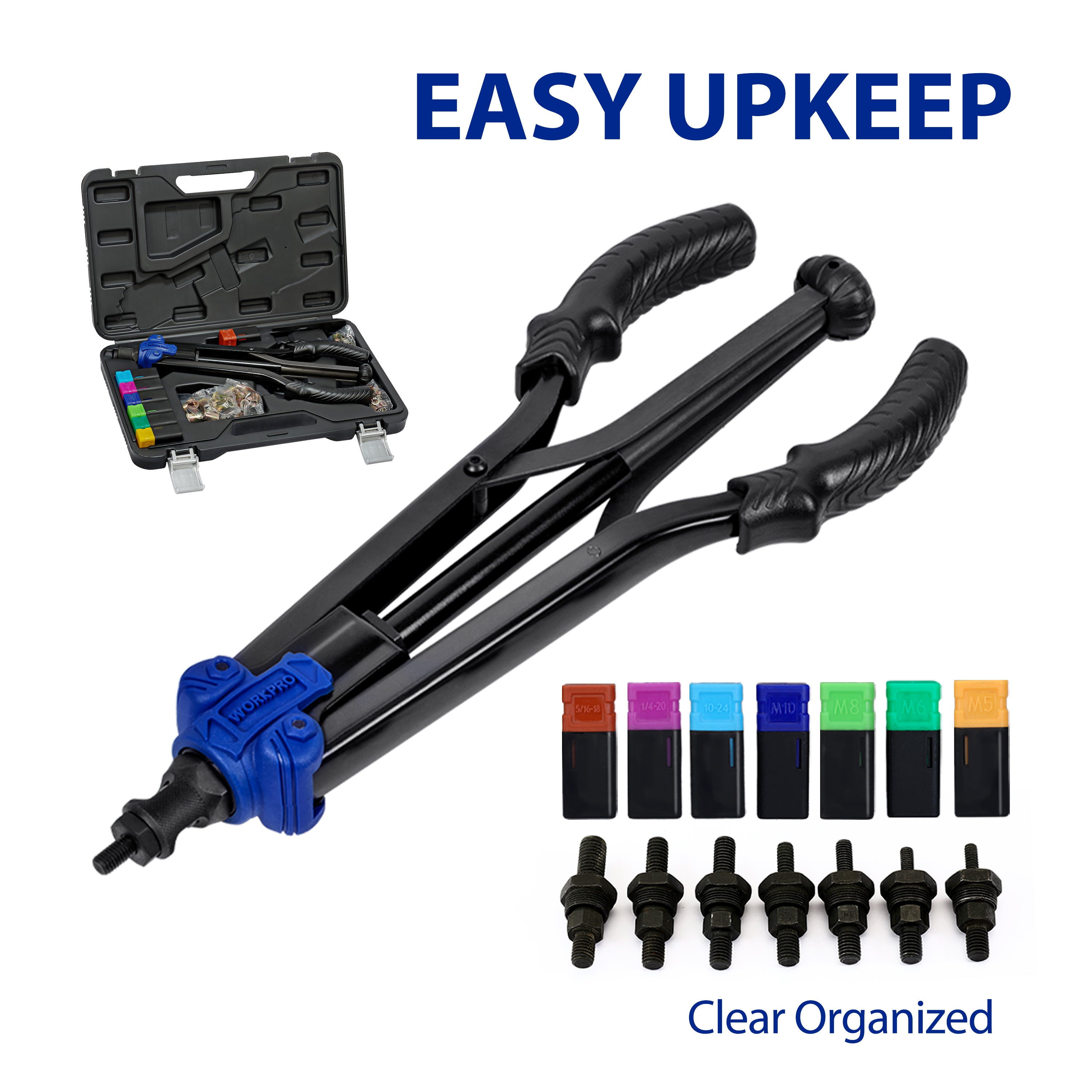 Rivet nut setter kit with black tool, open carry case, colored holders, and rivet nuts