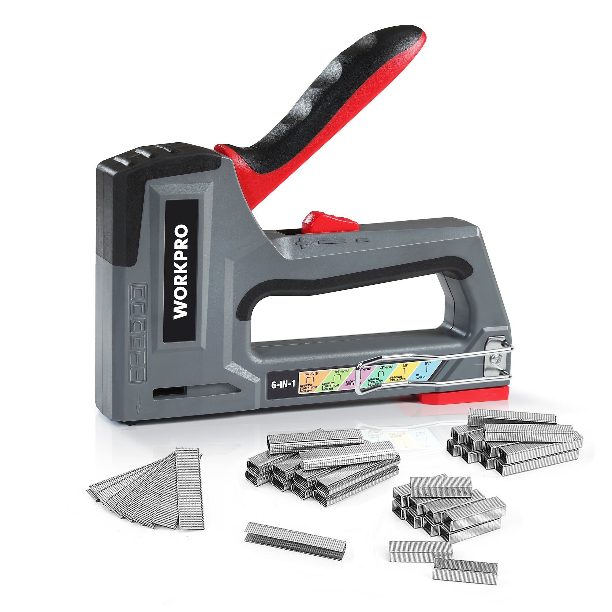 WORKPRO 6-in-1 Manual Brad Nailer Upholstery Stapler Nail Gun - Grey