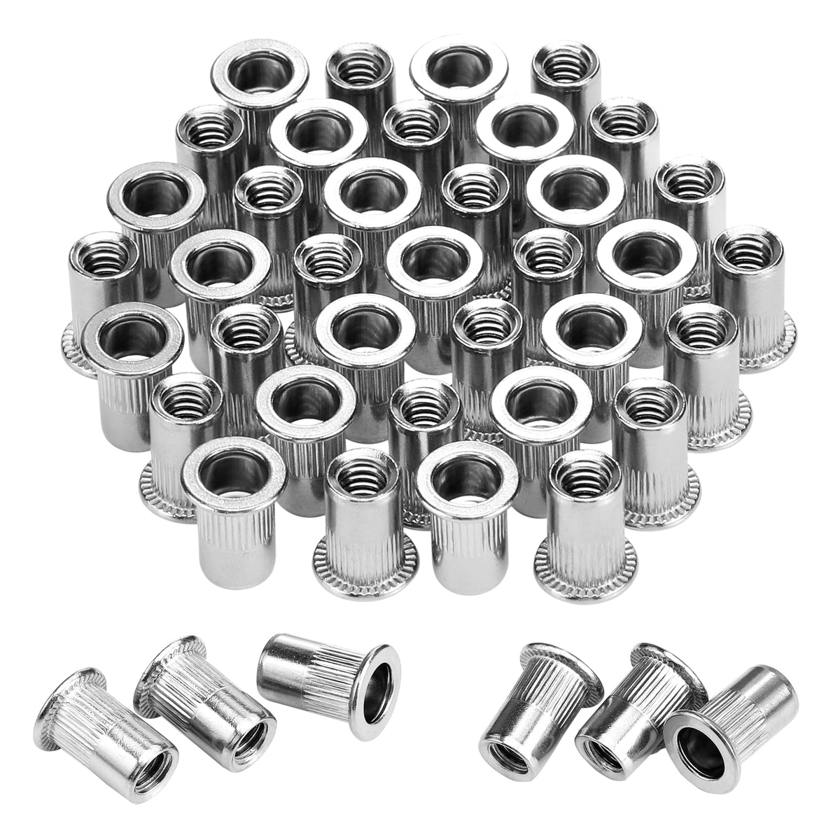 WORKPRO 50Pcs Rivet Nuts, 1/4”-20 Stainless Steel Rivnut, Flat Head Threaded Insert Nutserts with Knurled Body