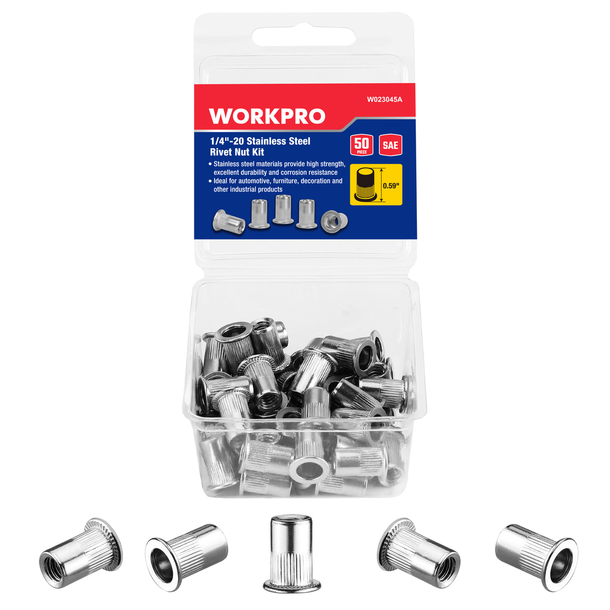 WORKPRO 50Pcs Rivet Nuts, 1/4”-20 Stainless Steel Rivnut, Flat Head Threaded Insert Nutserts with Knurled Body