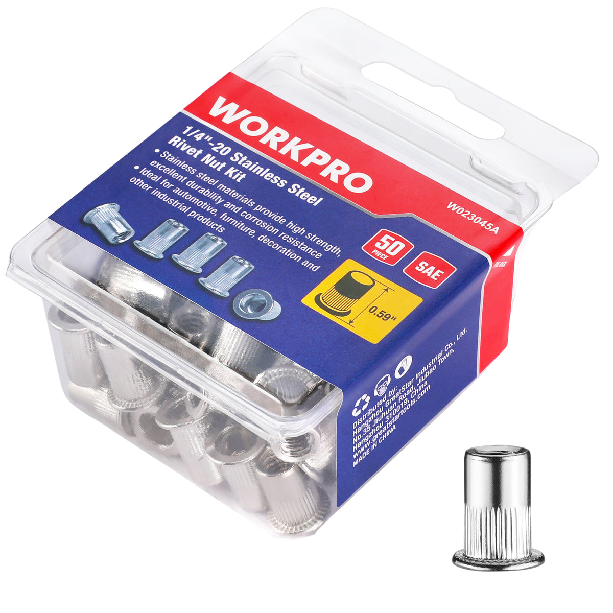 WORKPRO 50Pcs Rivet Nuts, 1/4”-20 Stainless Steel Rivnut, Flat Head Threaded Insert Nutserts with Knurled Body