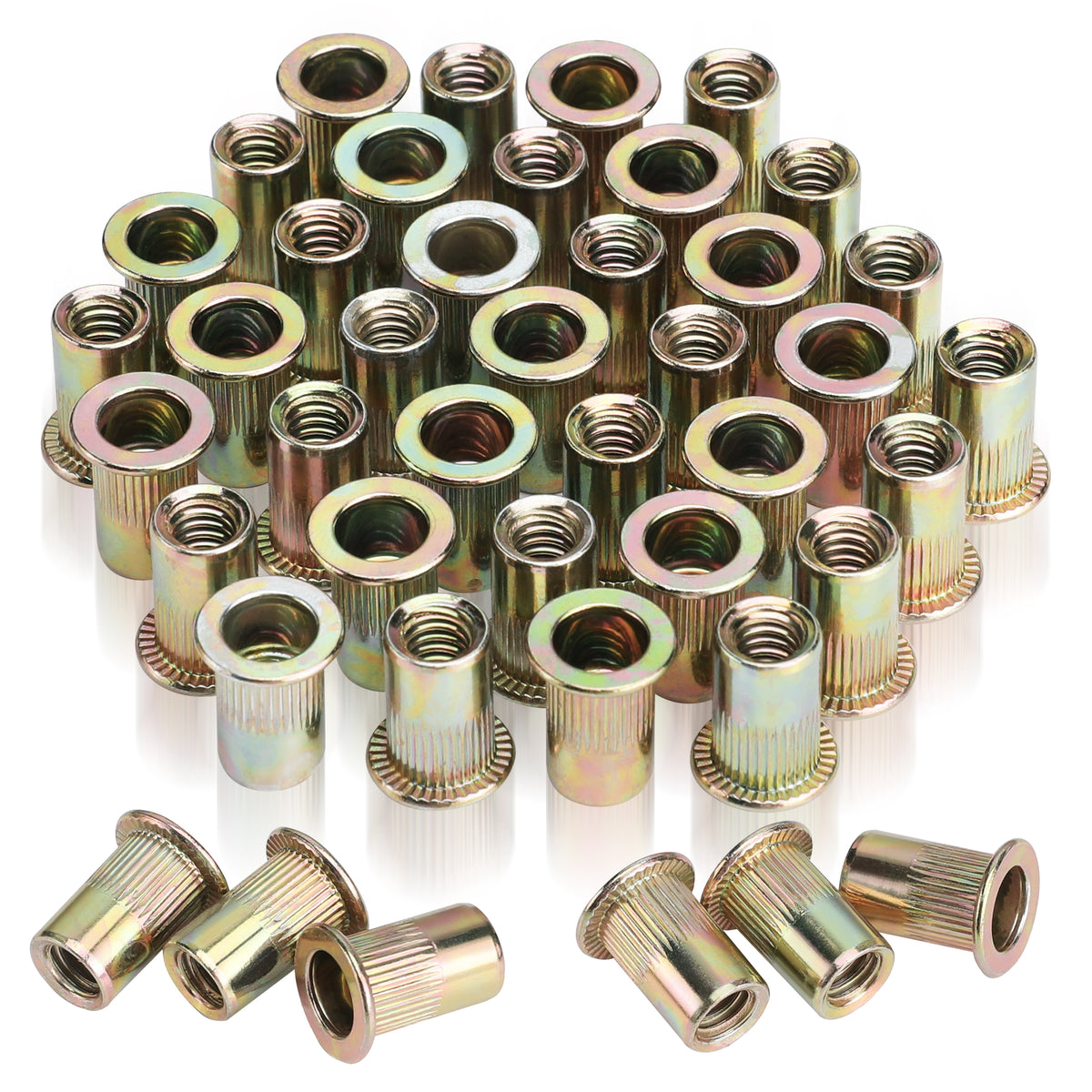 WORKPRO 150Pcs Rivet Nuts, 1/4”-20 Zinc Plated Carbon Steel Rivnut, Flat Head Threaded Insert Nutserts with Knurled Body