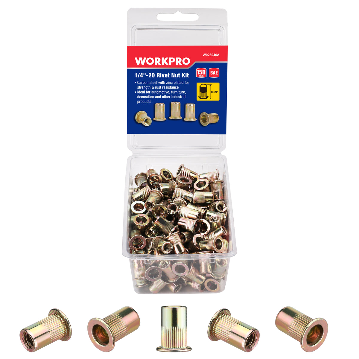 WORKPRO 150Pcs Rivet Nuts, 1/4”-20 Zinc Plated Carbon Steel Rivnut, Flat Head Threaded Insert Nutserts with Knurled Body