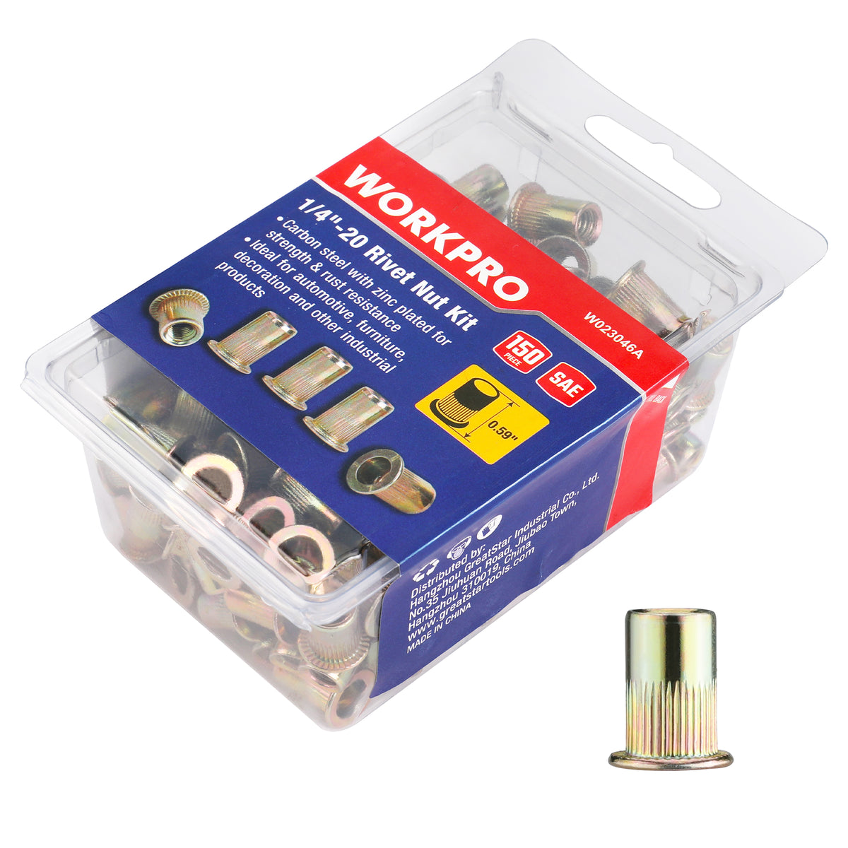 WORKPRO 150Pcs Rivet Nuts, 1/4”-20 Zinc Plated Carbon Steel Rivnut, Flat Head Threaded Insert Nutserts with Knurled Body
