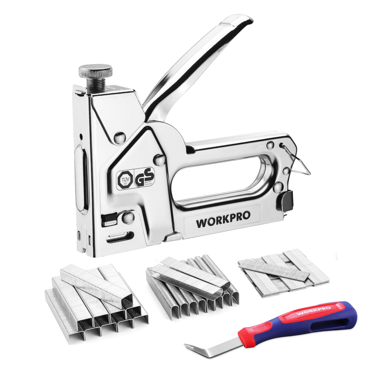 WORKPRO Upholstery Staple Gun, 3-in-1 Heavy Duty Staple Gun with Power Adjustment, 3000 pcs Staples and Stapler Remover, Manual Brad Nailer for Wood, Upholstery, Carpentry, Decoration DIY, Furniture