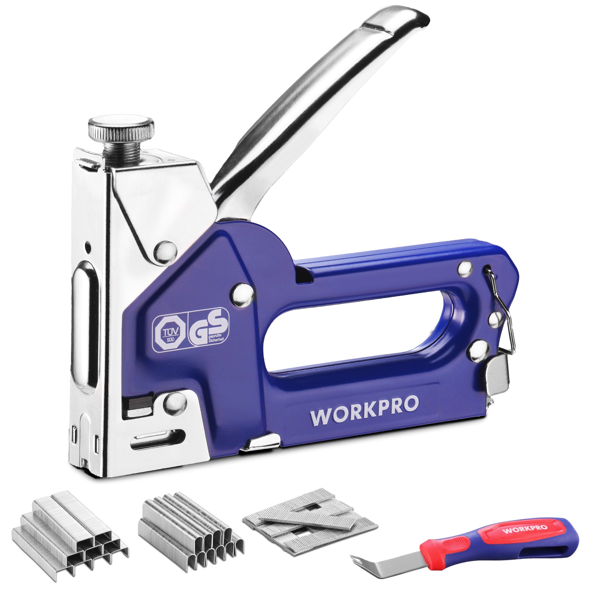 WORKPRO heavy duty staple gun kit with blue body, staples, and red-and-blue staple remover