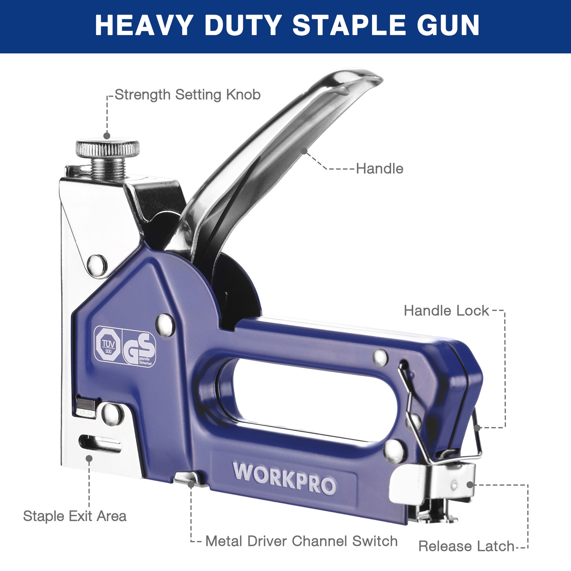 Heavy duty metal staple gun with blue housing, curved handle, and release latch