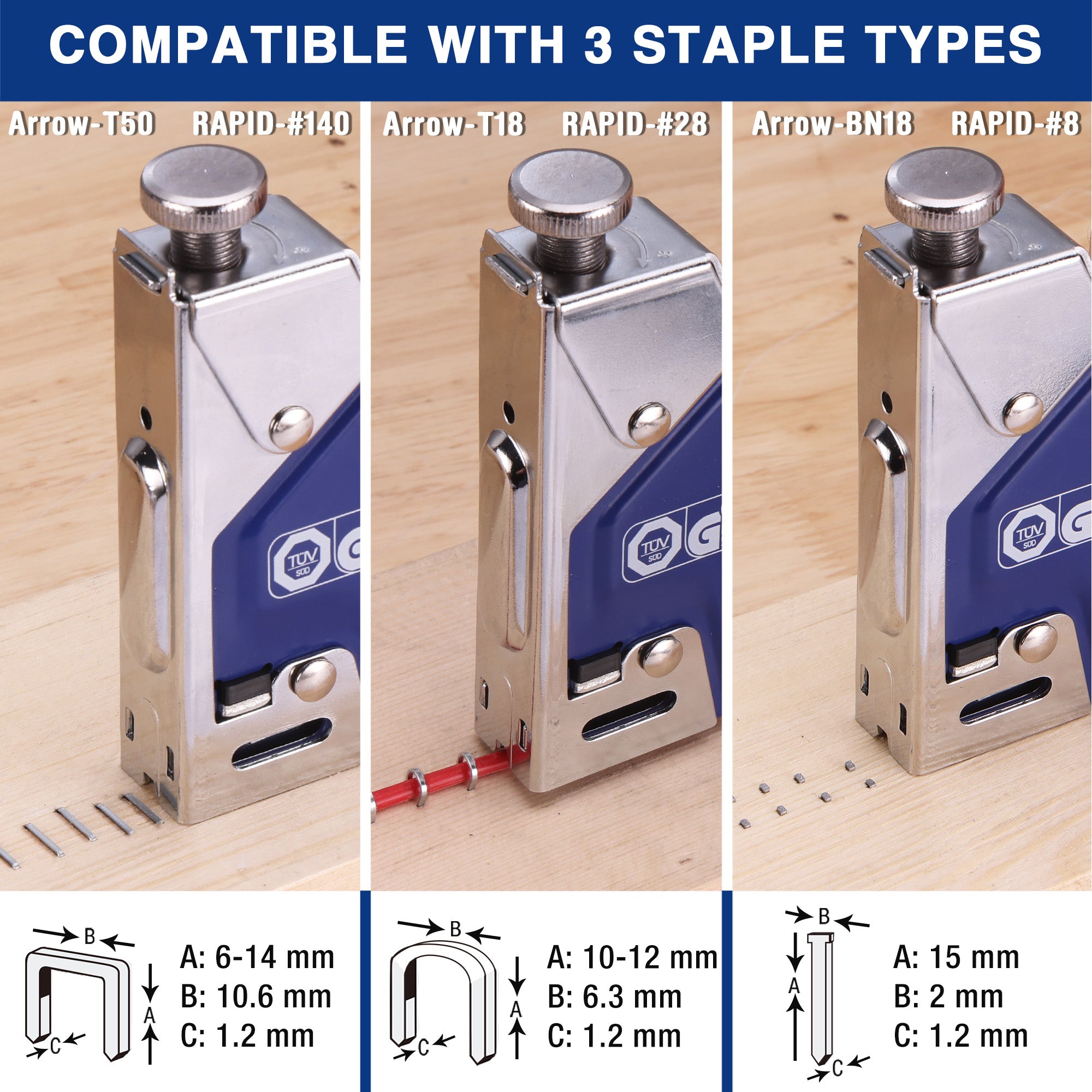 Metal staple gun magazine shown with T-, R-, and U-type staples compatibility sizes