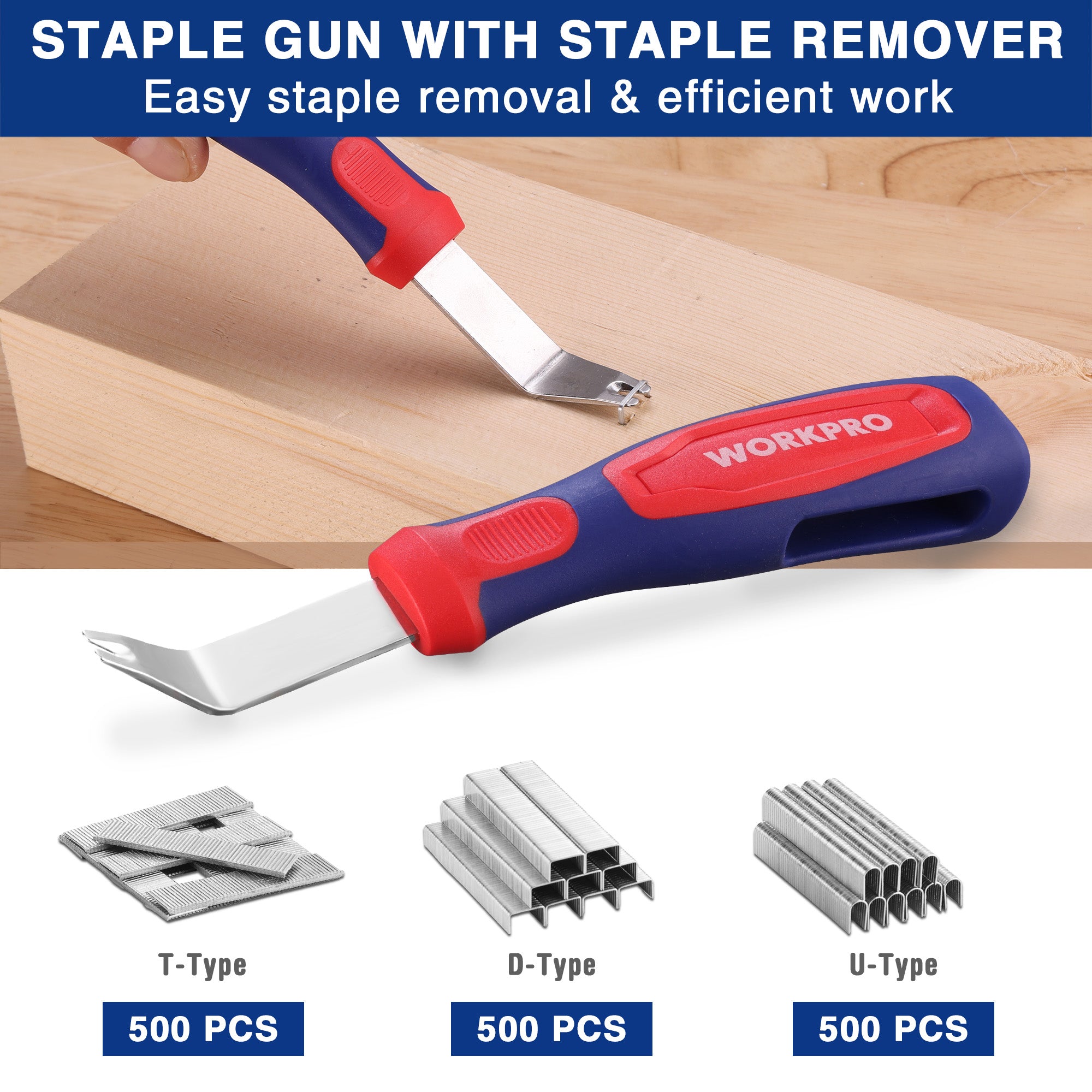 Staple gun with staple remover and T-, D-, and U-type staples in assorted packs
