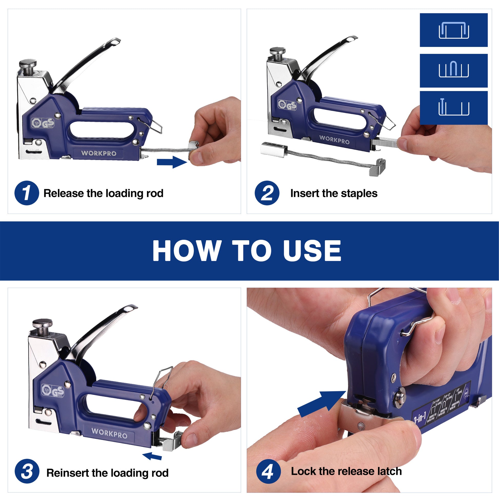 Staple gun with loading rod and release latch, showing loading and locking steps