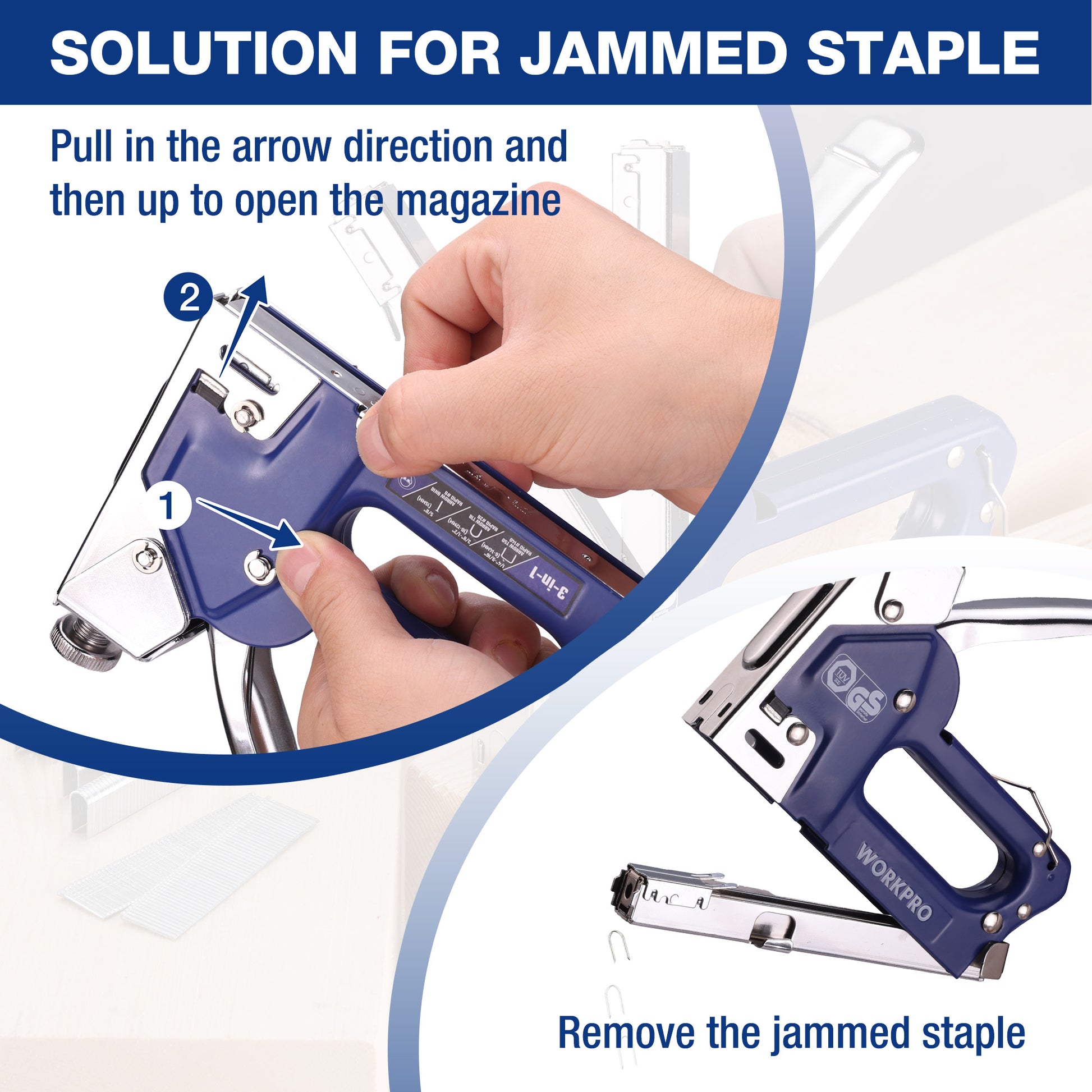 Hand opening magazine of staple gun to remove a jammed staple