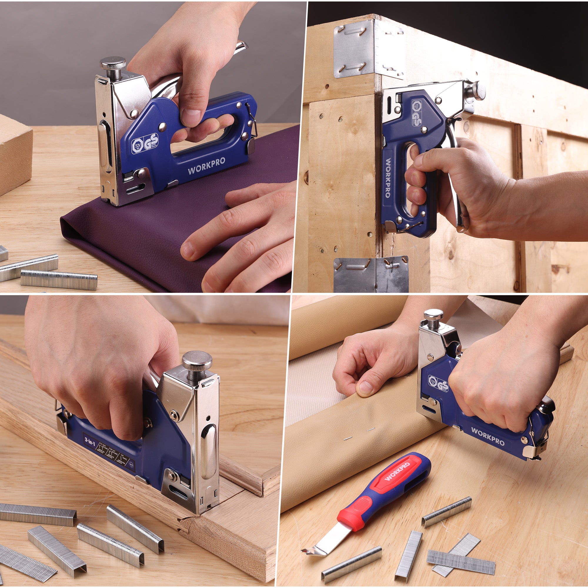 Staple gun fastening wood panels with staples using hands