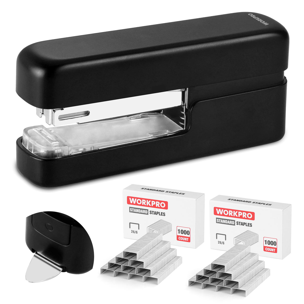 WORKPRO 2-in-1 Stapler with Staples & Staple Remover, 40 Sheet Capacity, Flat Clinch Design, Storage Space, Includes 2000 Standard Staples - Non-Slip Office Stapler for Desk, Classroom, Black