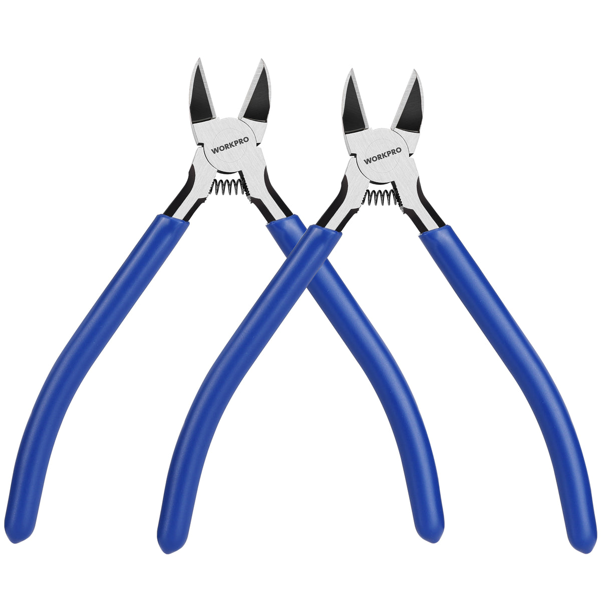 Workpro 2 pack six inch precision flush cutters in blue with heat-treated carbon steel and angled heads for tight spaces.