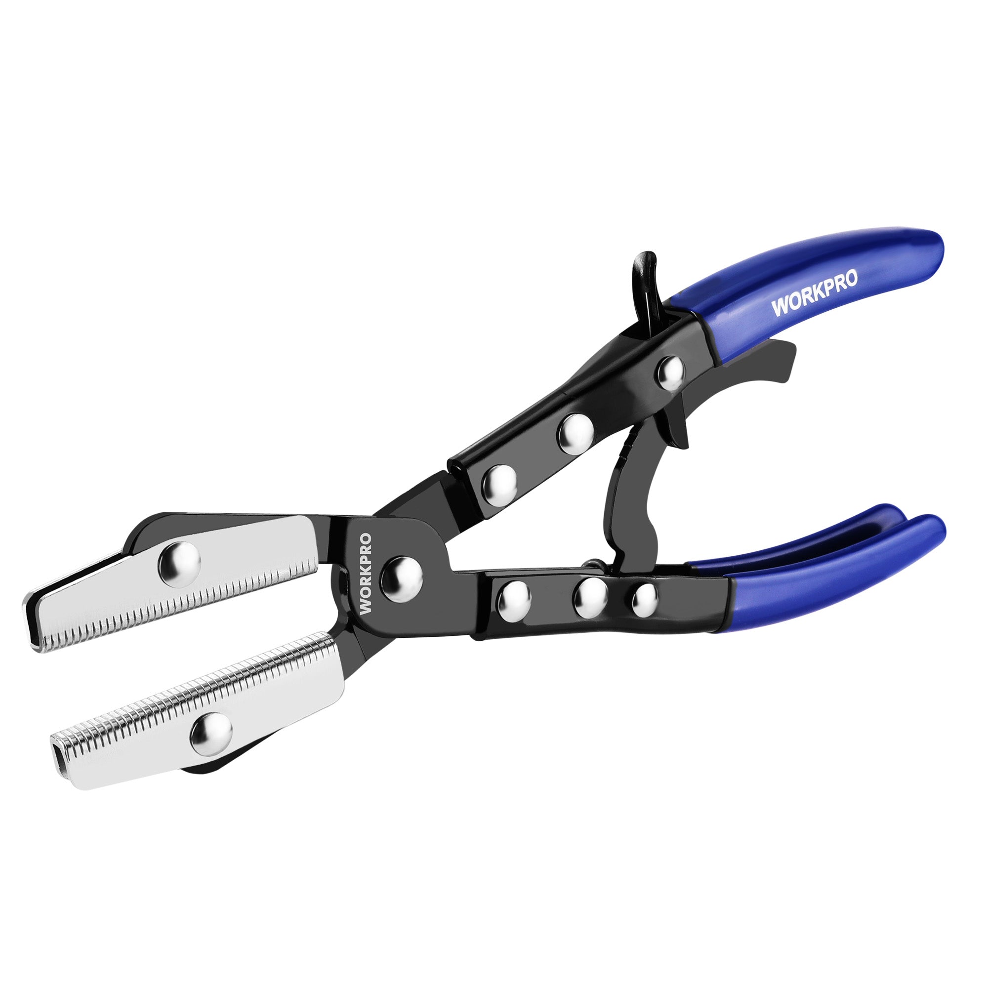 WORKPRO ratcheting hose pinch-off pliers with blue handles and serrated clamping jaws