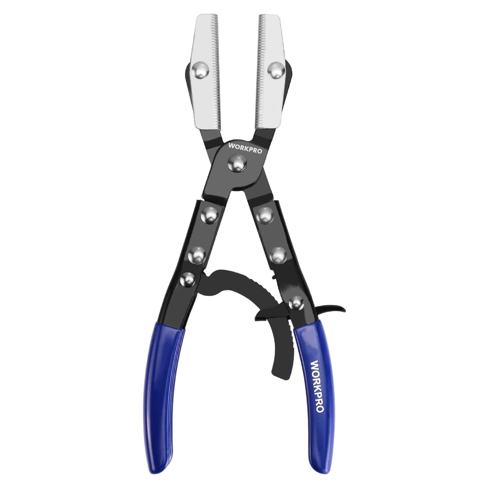 WORKPRO hose pinch-off pliers, closed view, with serrated jaws and blue handles